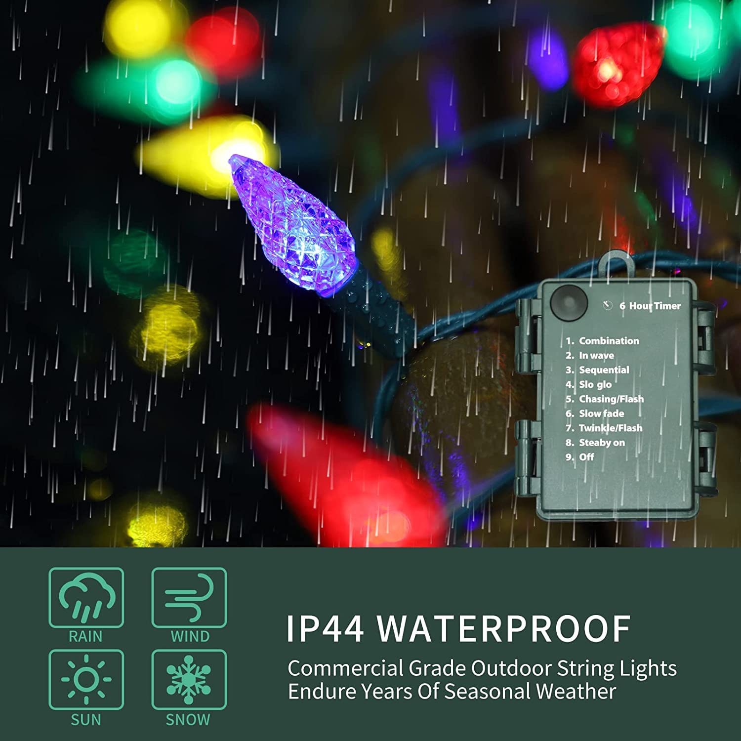 LAMPHOME C6 Battery Operated Christmas Lights, 50 LED, 17FT, 8 Modes, Waterproof, Multicolor