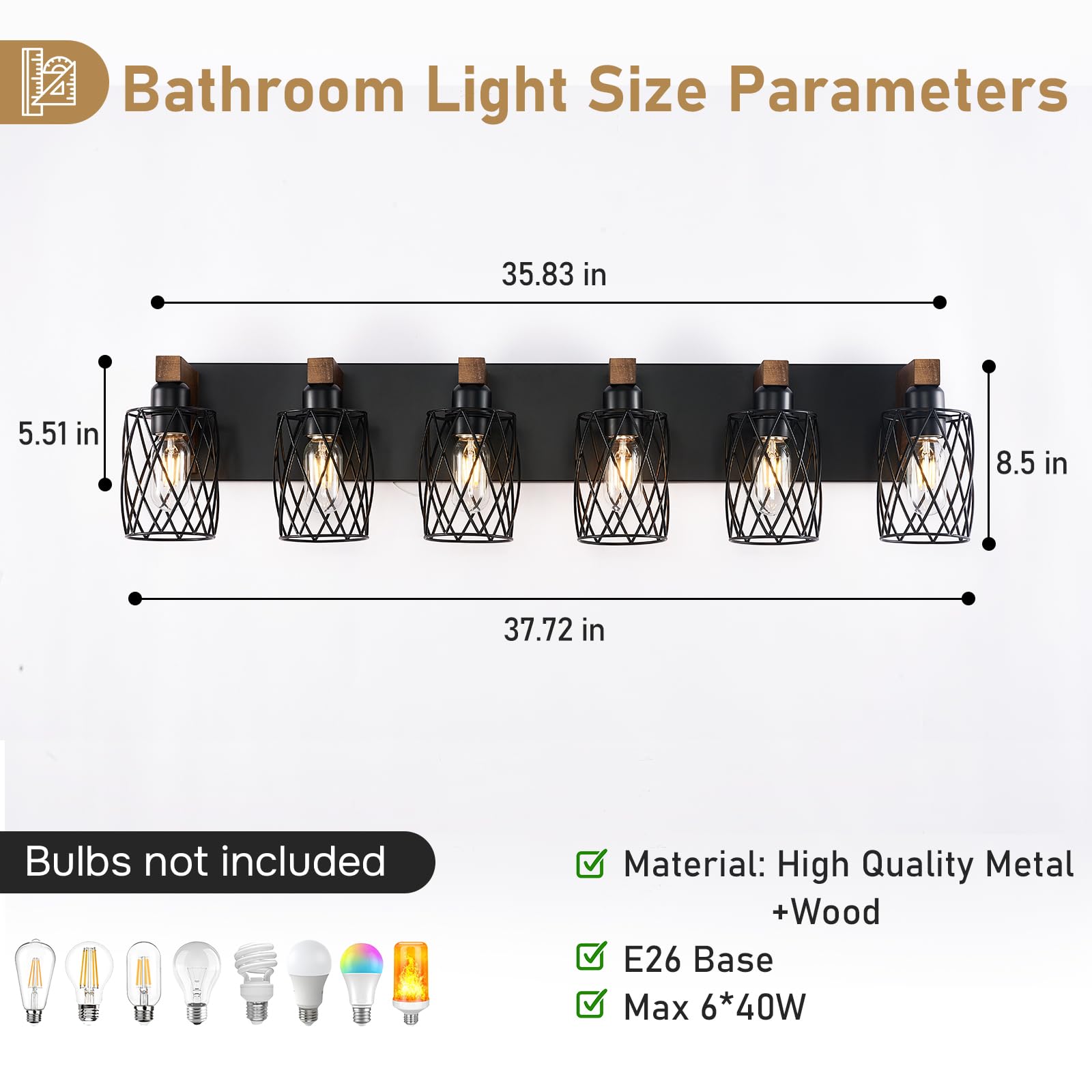 RVONOW 6-Light Bathroom Light Fixture, Black Metal Cage Shade, Vintage Rustic Design, Model B219-6