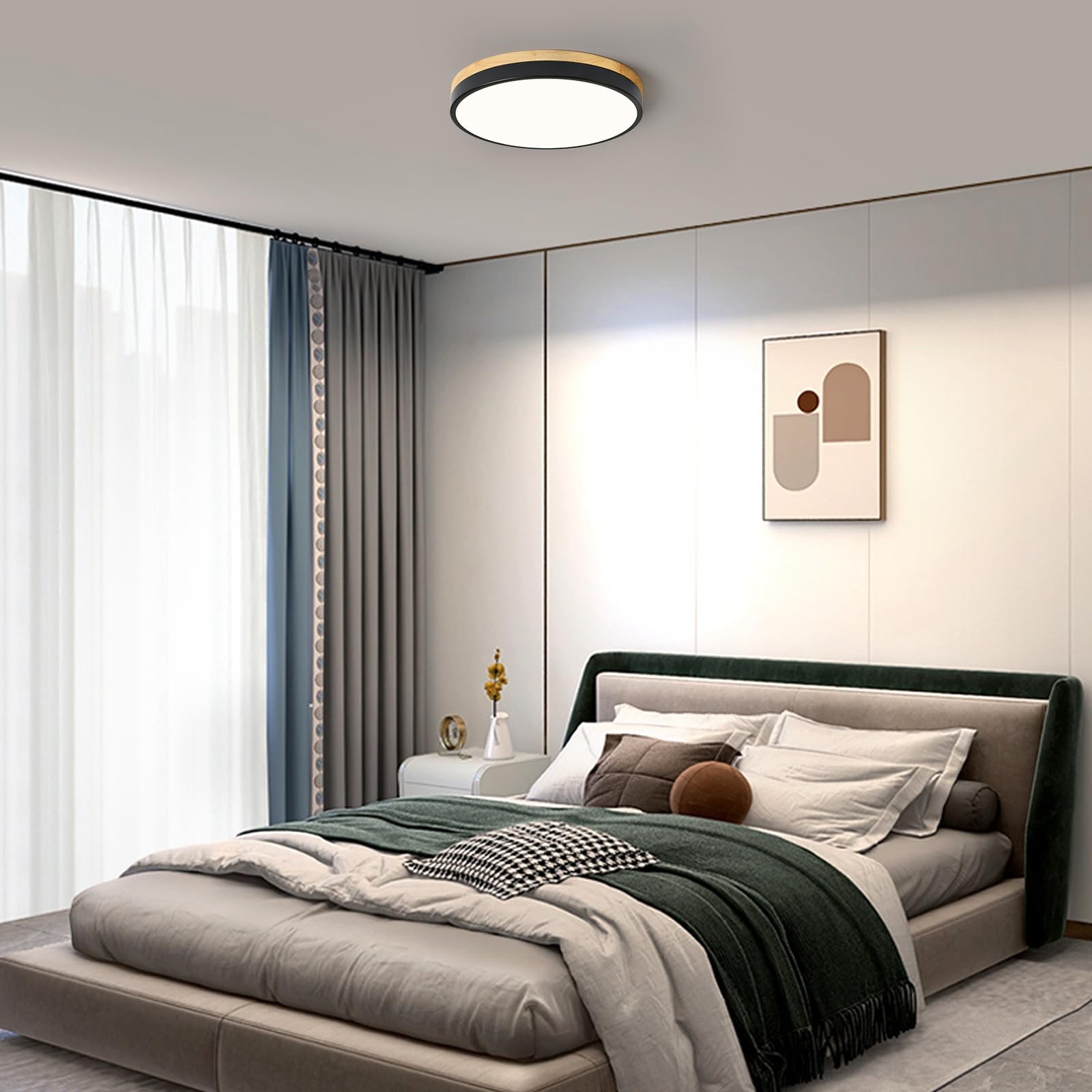 Zuyurt Wood Led Ceiling Light, Modern Black Flush Mount Ceiling Light, Minimalist Close To Ceiling Light Fixture For Bedroom, Ha