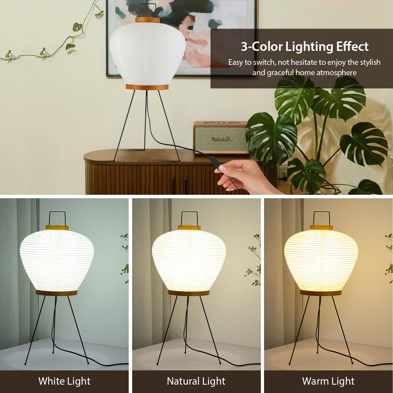 Paper Lamp Noguchi Style Lamp, Rice Paper Akari Floor Lamp, Paper Lantern Lamp With Washi Paper Shade, Ideal For Bedside, Living