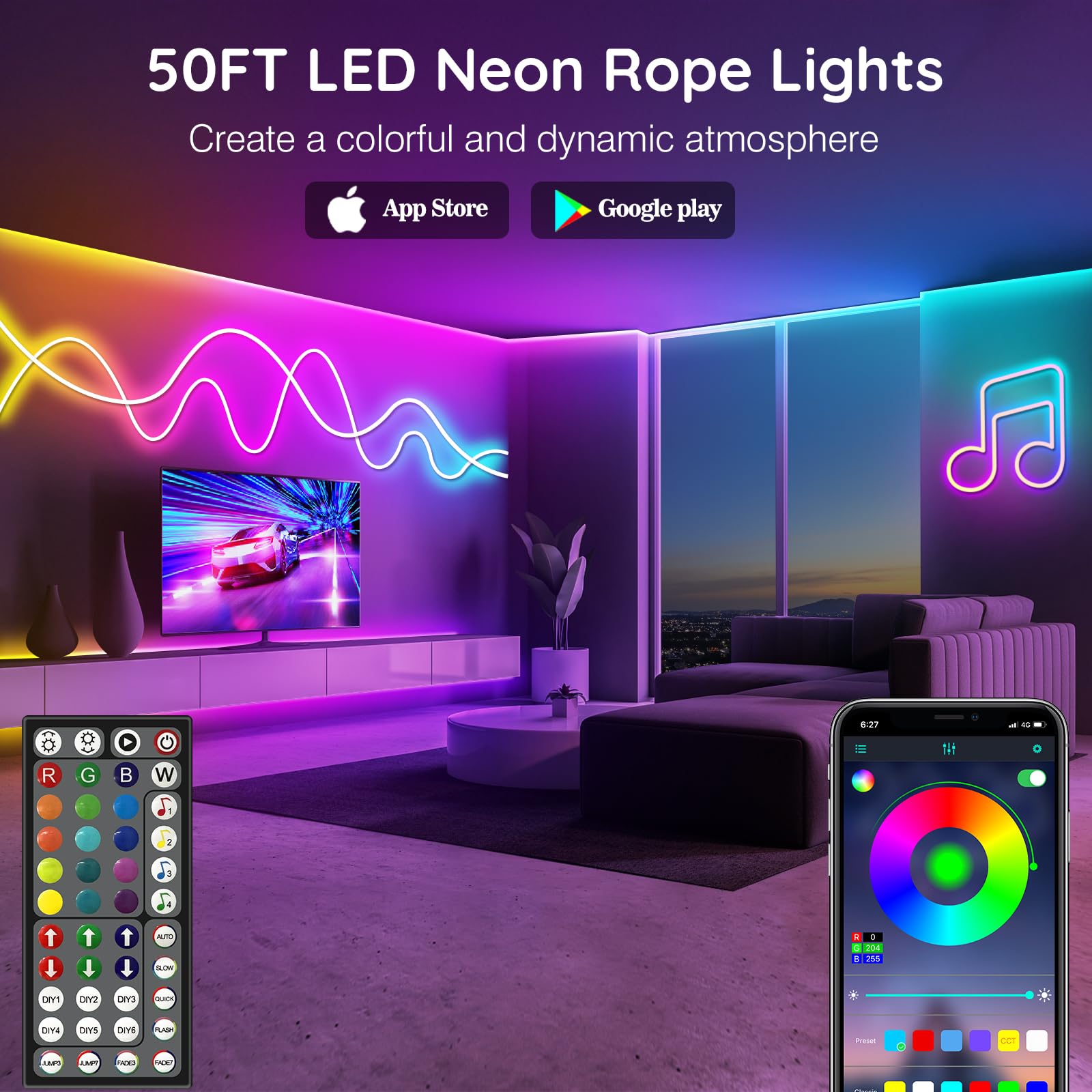 LETIANPAI 50FT LED Neon Rope Lights, RGB Waterproof, Flexible, App/Remote Control, Music Sync, Silicone Material