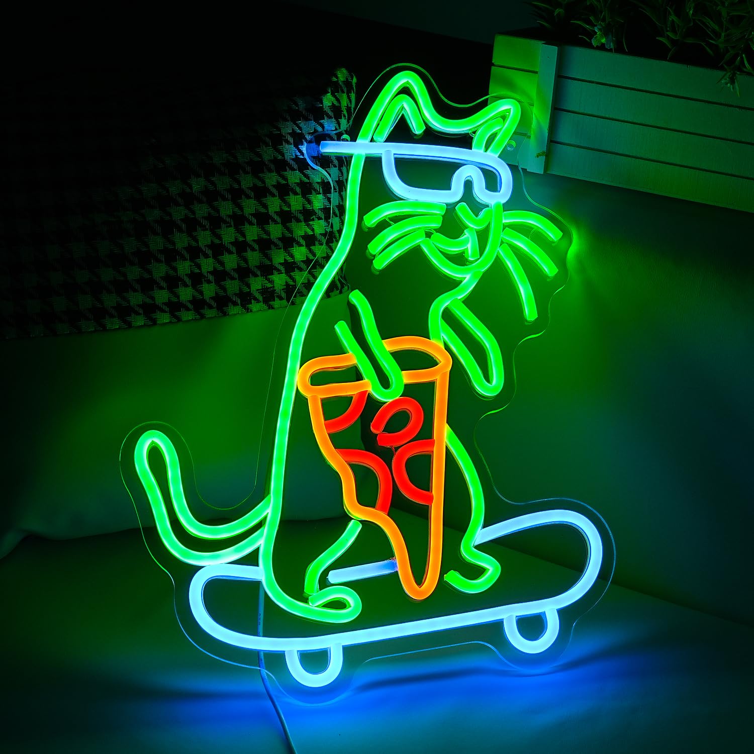 LIUOZHTEA Neon Cat Sign LED Wall Decor, Dimmable USB Light, 16.7inx12.2in, Acrylic, Green Blue Yellow Red
