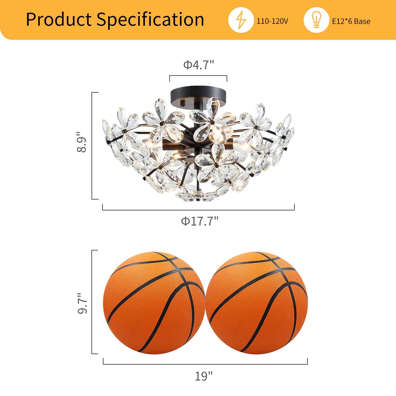 WUZUPS Crystal Chandelier Flushmount Ceiling Light, 8.9in H x 17.7in W, Black, Metal, 6 Lights, Model USHD90013C-B
