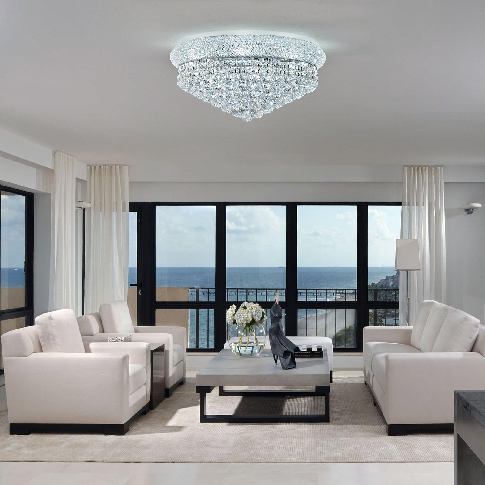 Homeooze 12 - Light Flush Mount Crystal Chandelier For Living Room Dining Room Entryway Hallway Bedroom Foyer Chrome Finish
