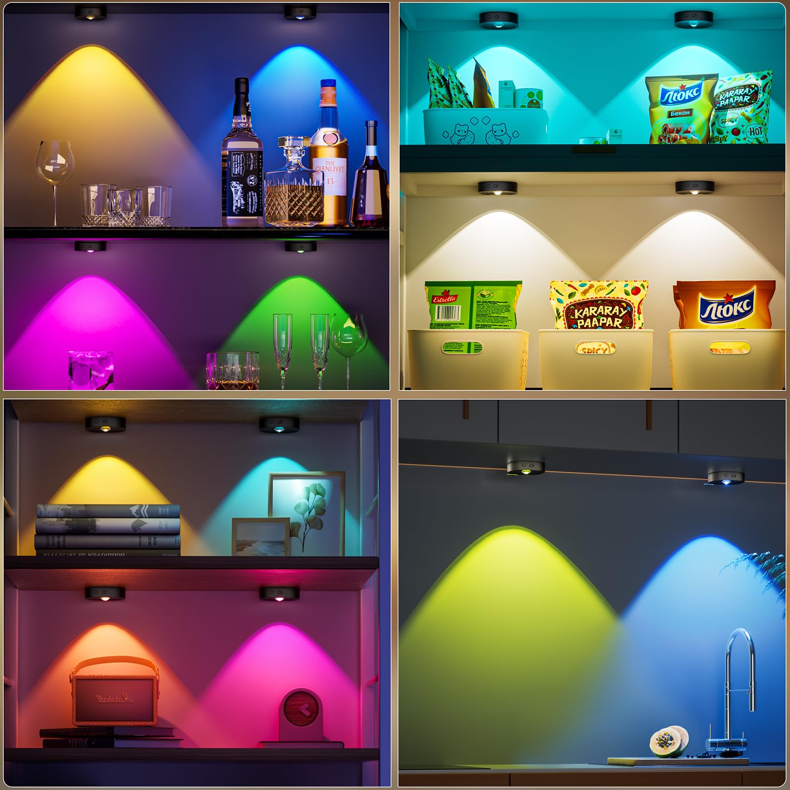 HOMEBEST Puck Lights with Remote, Rechargeable, 13 RGB Colors, 3 Pack, Black, Model HL05