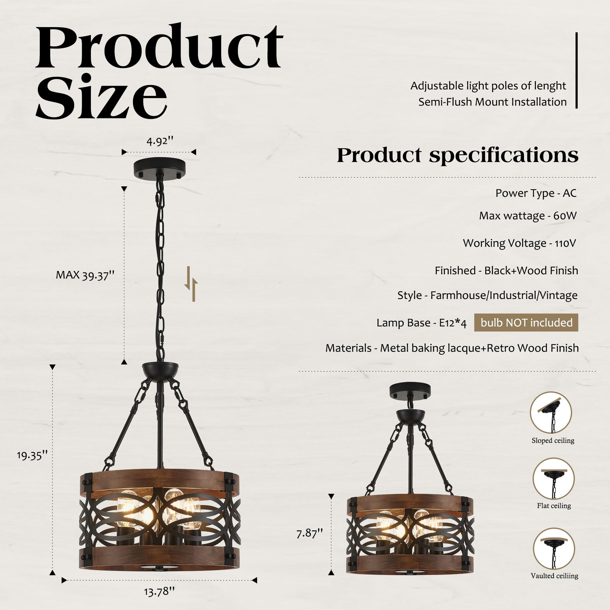 Faibra 4-Light Farmhouse Drum Wood Pendant Light 13.8'' Vintage Rustic Brown Oak Wood Chandeliers,Retro Industrial Hanging Light