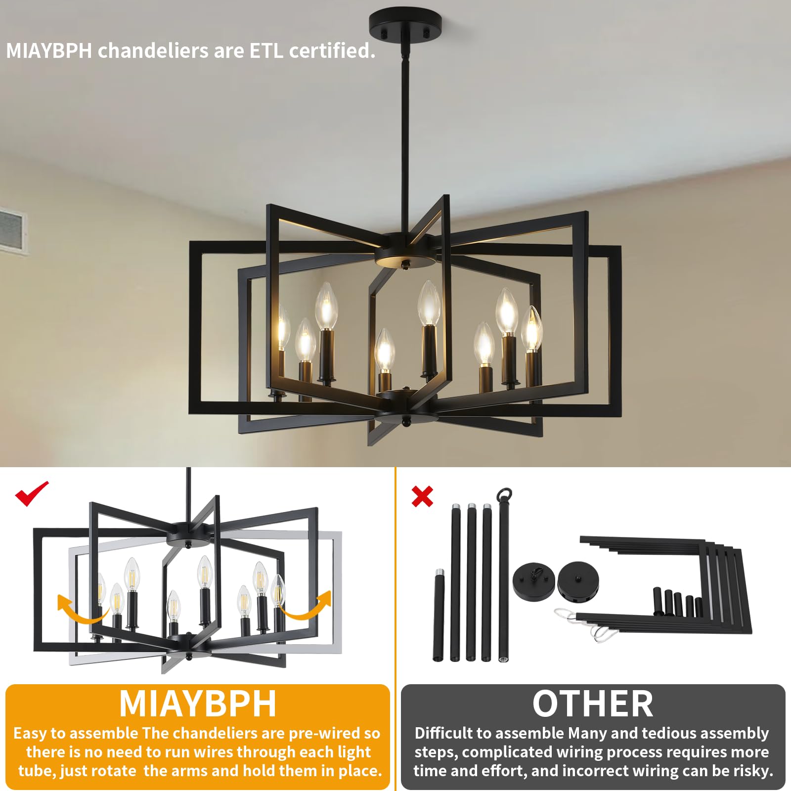 MIAYBPH Black 8-Light Chandelier - Modern Metal Industrial Fixture for Dining Room, Entryway, Living Room (E12 Bulbs Not Included)