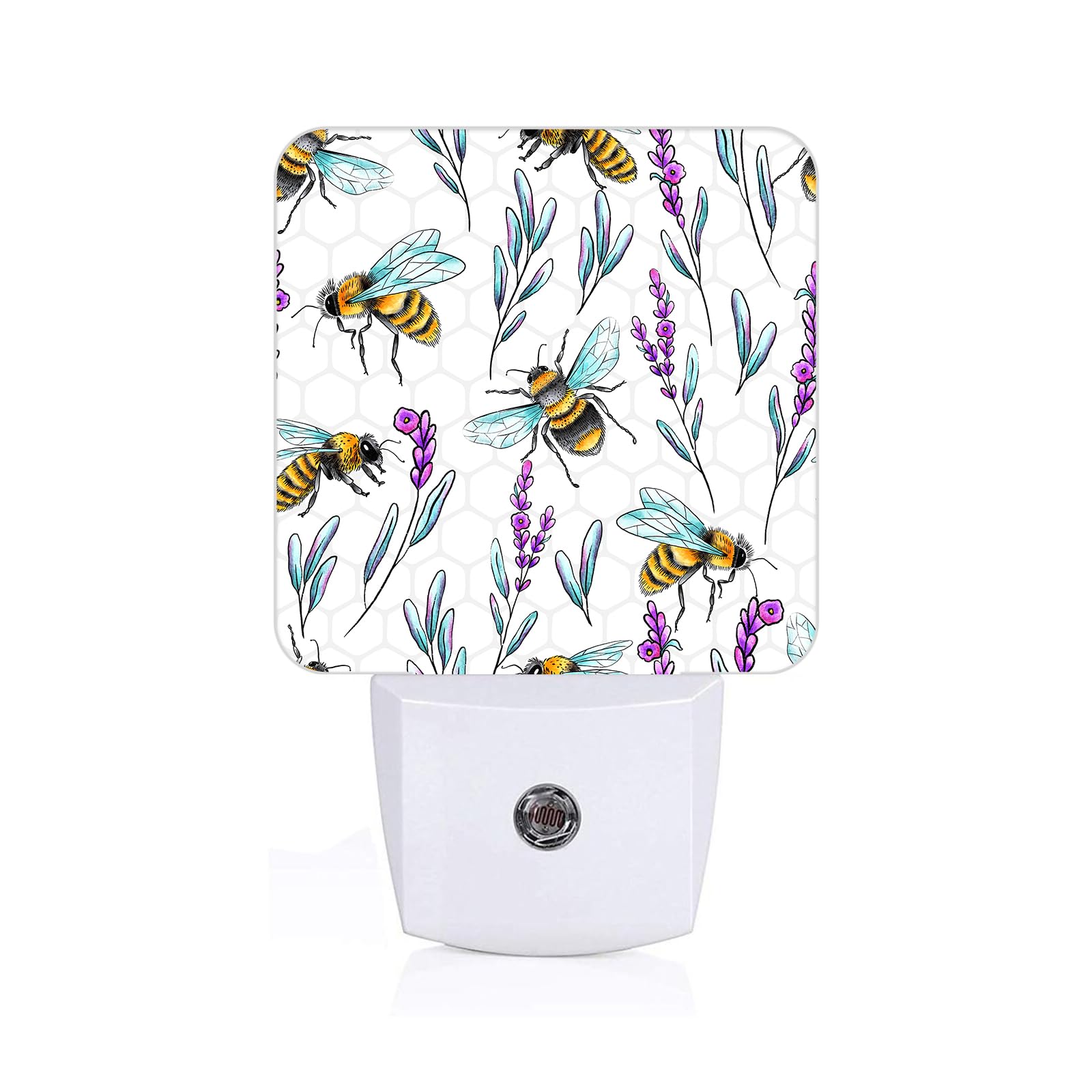 FSHVQKD Bees and Lavender Flowers Night Light,Plug-in Night Lights with Dusk-to-Dawn Sensor for Stairway,Hallway,Bedroom Sleep F