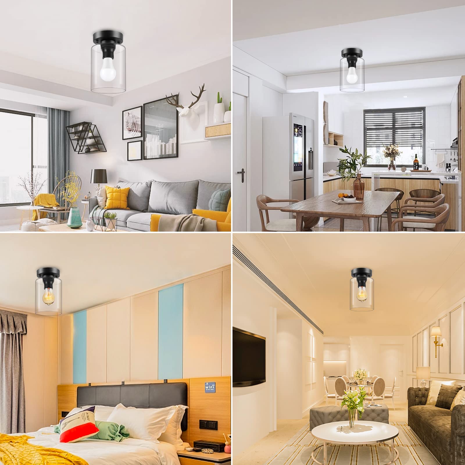 Boostarea Semi Flush Mount Ceiling Light, Industrial Hanging Ceiling Pendant Lamp With Clear Glass Shade, Farmhouse Light Fixtur