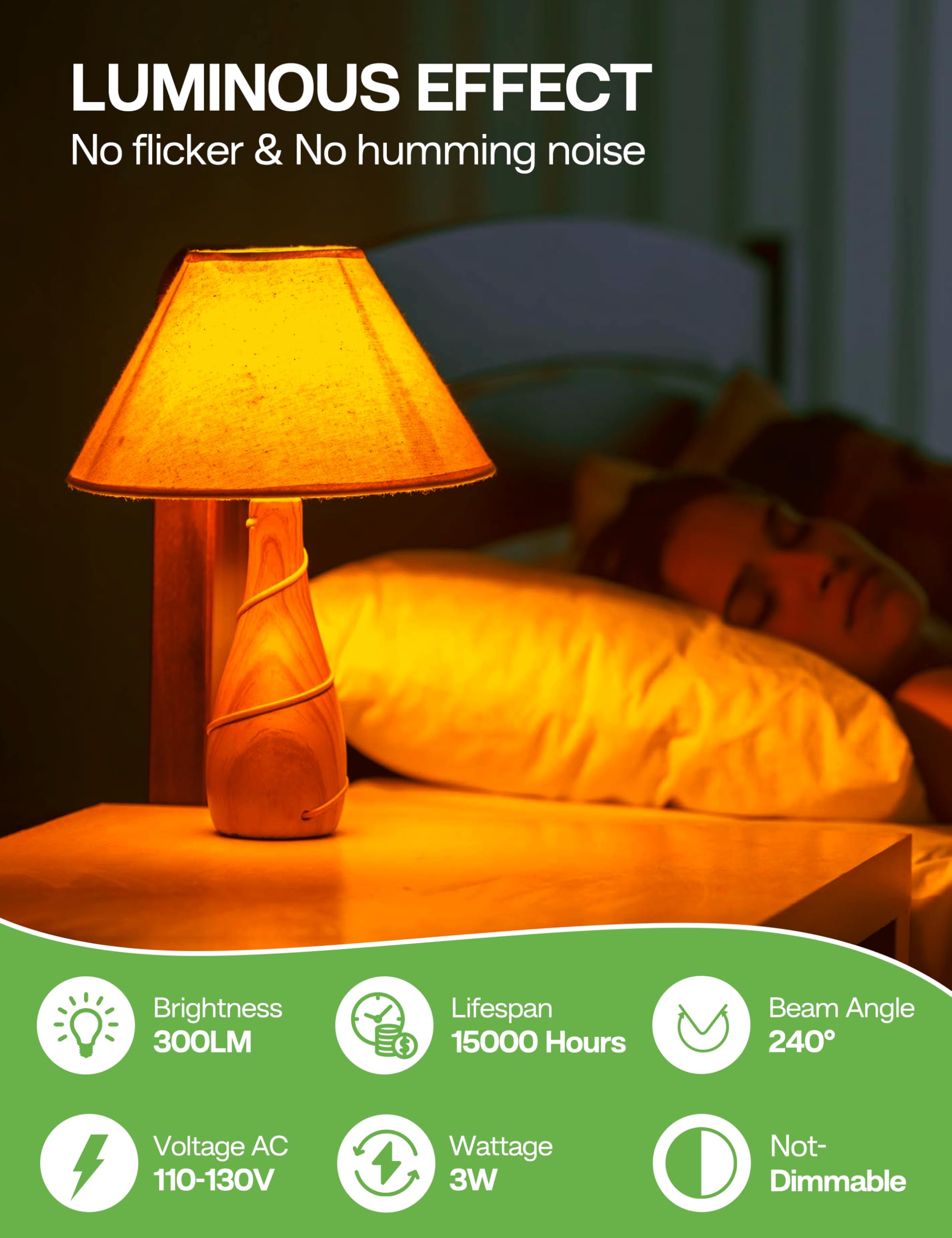 Eastiya Amber Sleep Light Bulbs, 3W Warm Light, E26, 2 Pack, Blue Light Blocking, Mood Soothing for Bedroom and Nursery, Model SME26-10