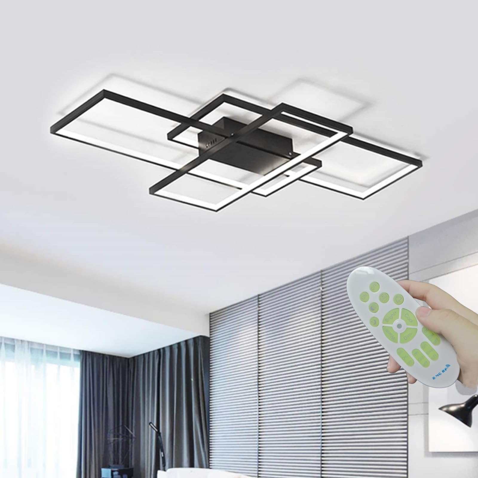 FBFC 43'' Modern LED Ceiling Light Fixture 65W Dimmable with Remote Control Ceiling Lighting, Black Flush Mount Chandelier Ceili