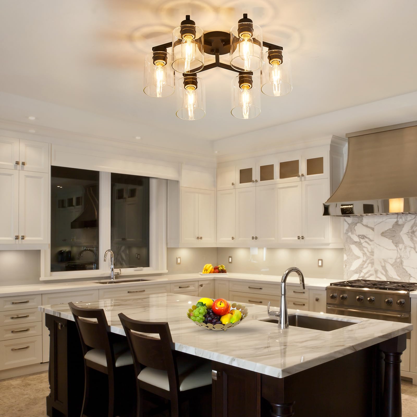 6 Light Semi Flush Mount Ceiling Light Black Kitchen Lighting Fixtures Ceiling Industrial Large Cieling Light Fixtures, With Cle