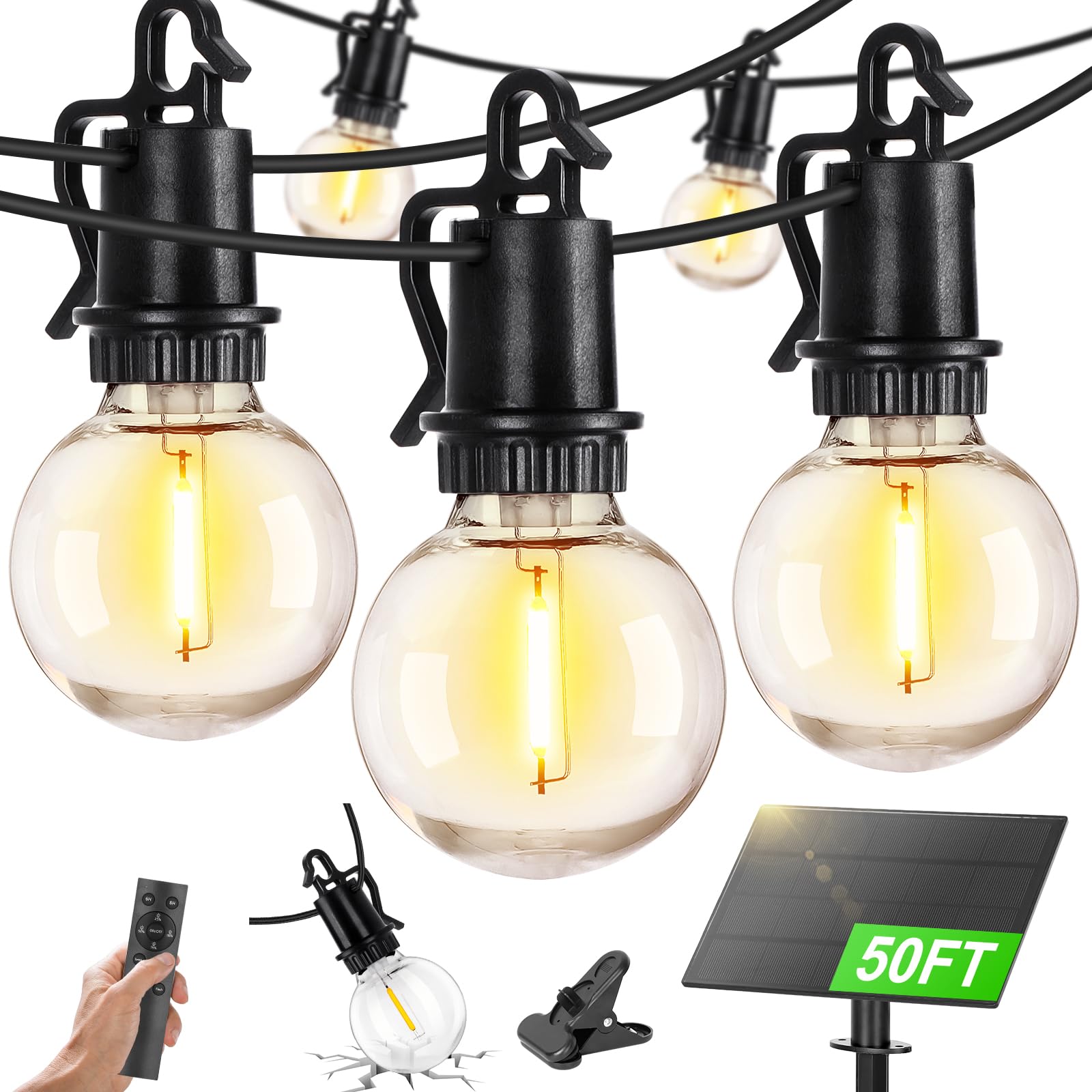 ZJOJO Solar Outdoor String Lights, 50FT, 25 Shatterproof Edison Bulbs, Black, Model RD-SSL4W-001