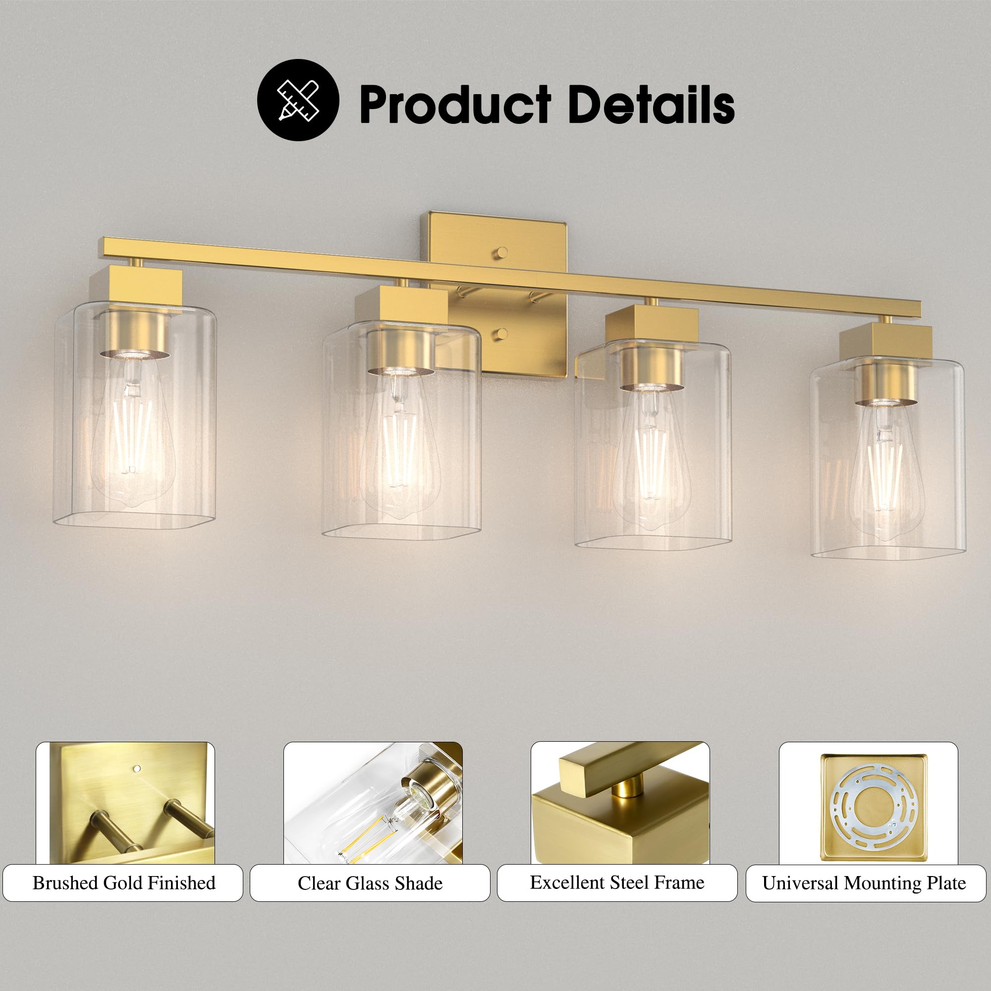 Espird 4 Light Bathroom Vanity Light - Brass Gold Light Fixture Bathroom Square Design & Ul Certification, Square Vintage Bathro