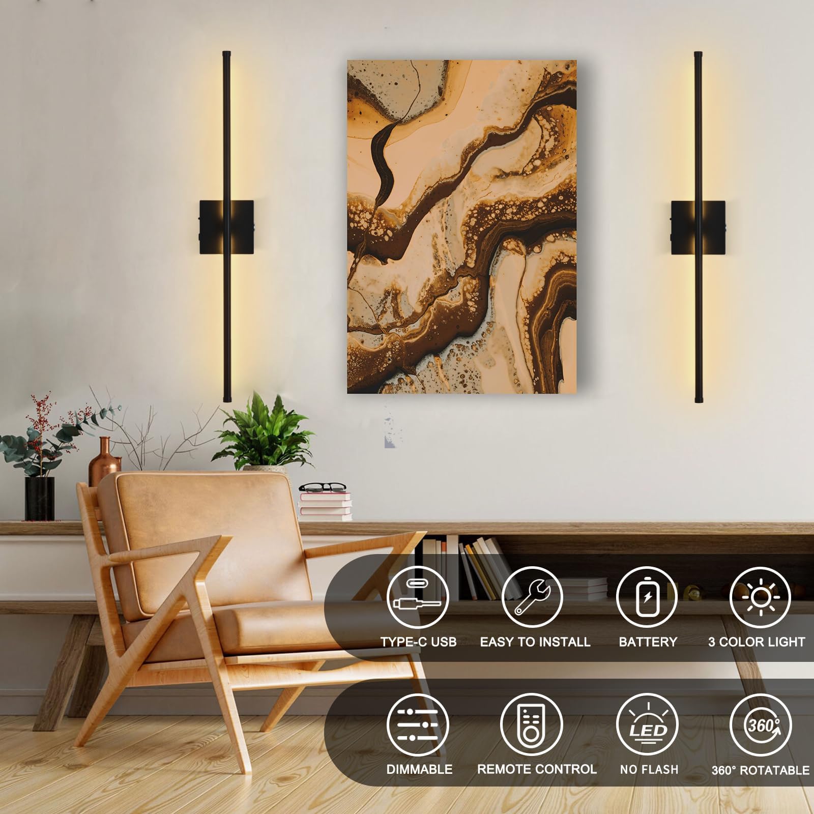 15800 mAh Battery Operated Wall Sconces with Remote Control Dimmable Wall Sconces Set of Two 3000K LED Matt Black Wireless Wall