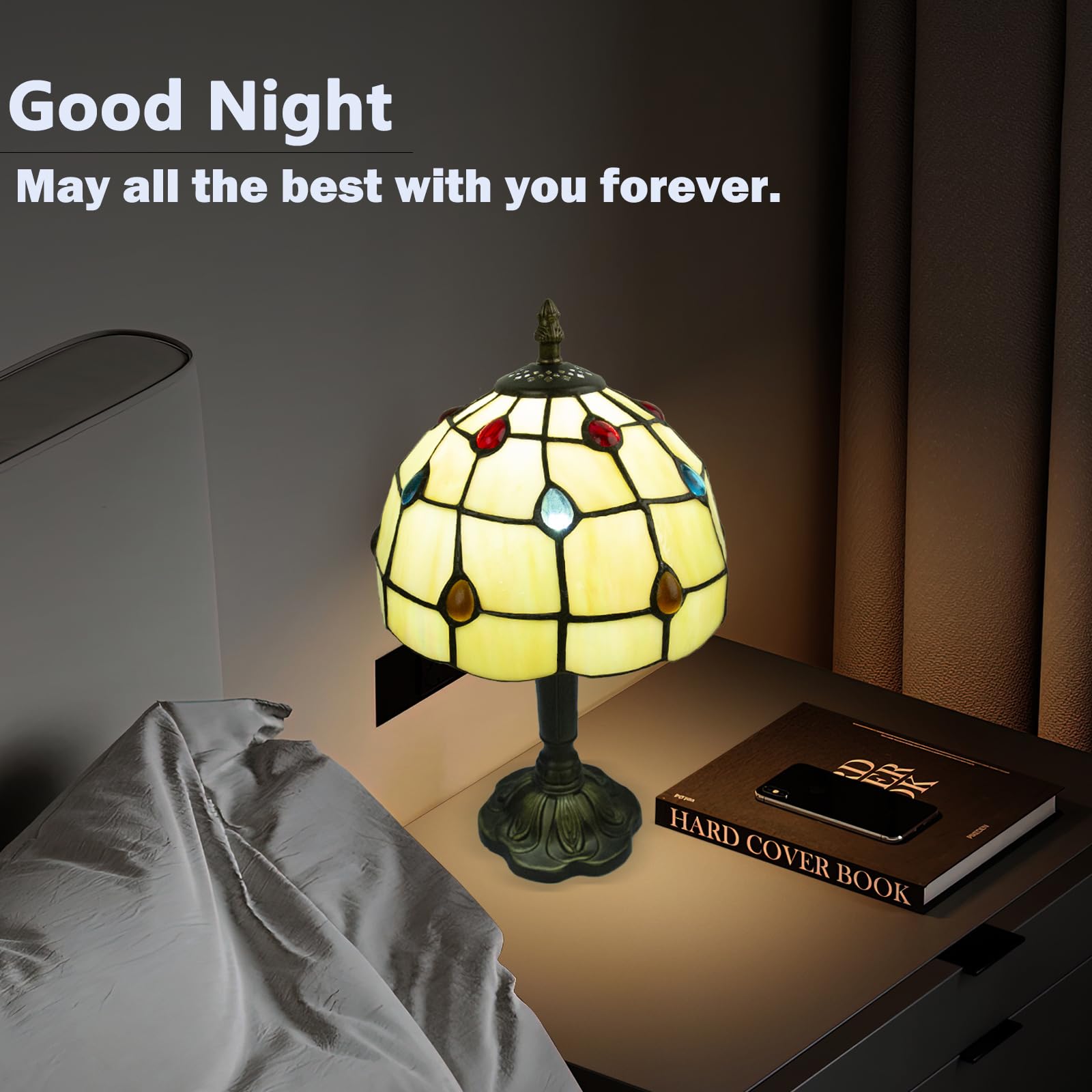 Crefotu Tiffany Style Table Lamp, 3 Color Temperatures Bedside Lamp, 8 Inch Stained Glass Desk Light For Home Office Bedroom Liv