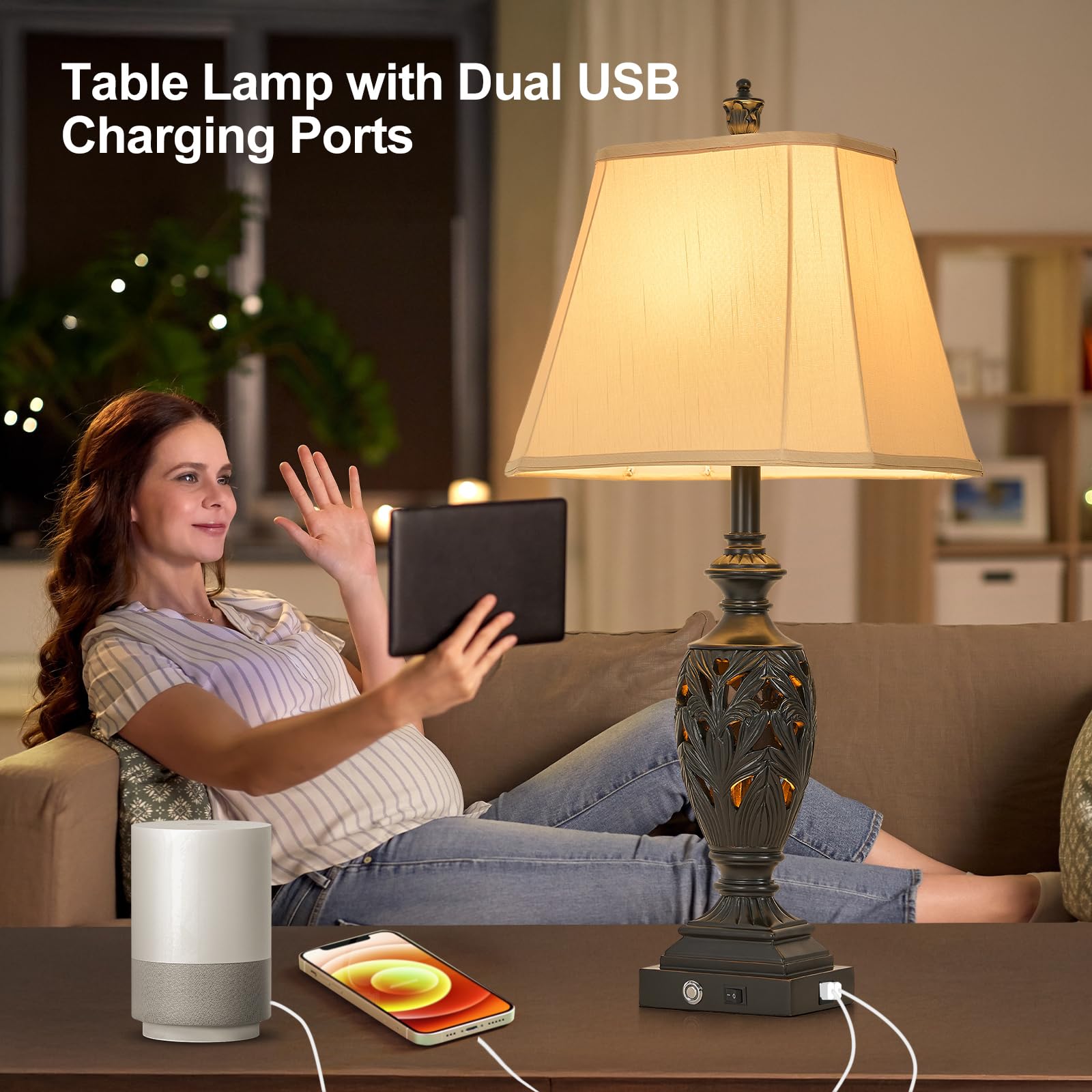 AIDENOEY Touch Traditional Table Lamp Set of 2, 29.5" Black Gold, USB Ports, Vintage Design for Living Room & Bedroom