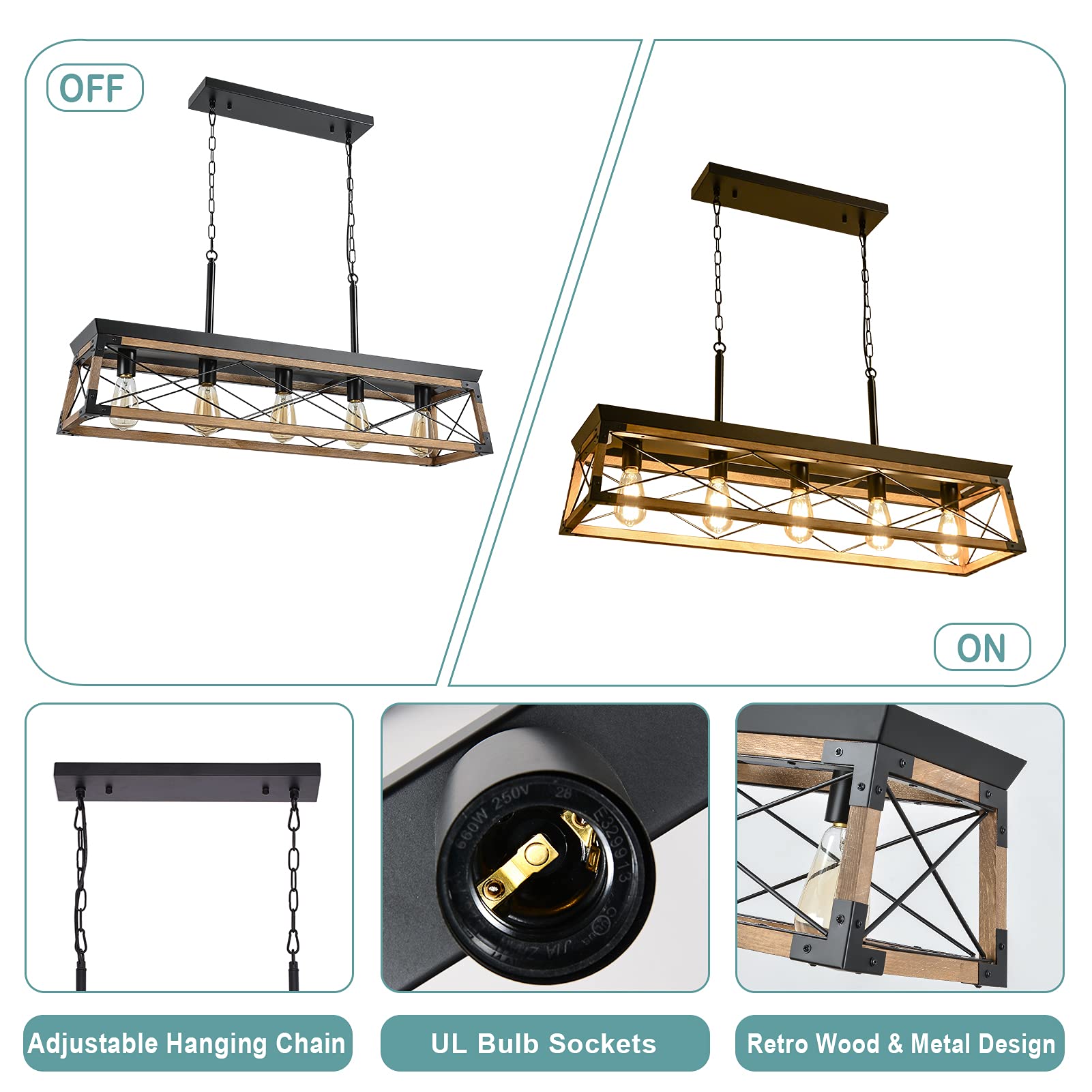 Airposta Farmhouse Rustic Wood Chandelier, 5 Lights Metal Rectangle Dining Room Swag Lighting, Kitchen Island Industrial Linear