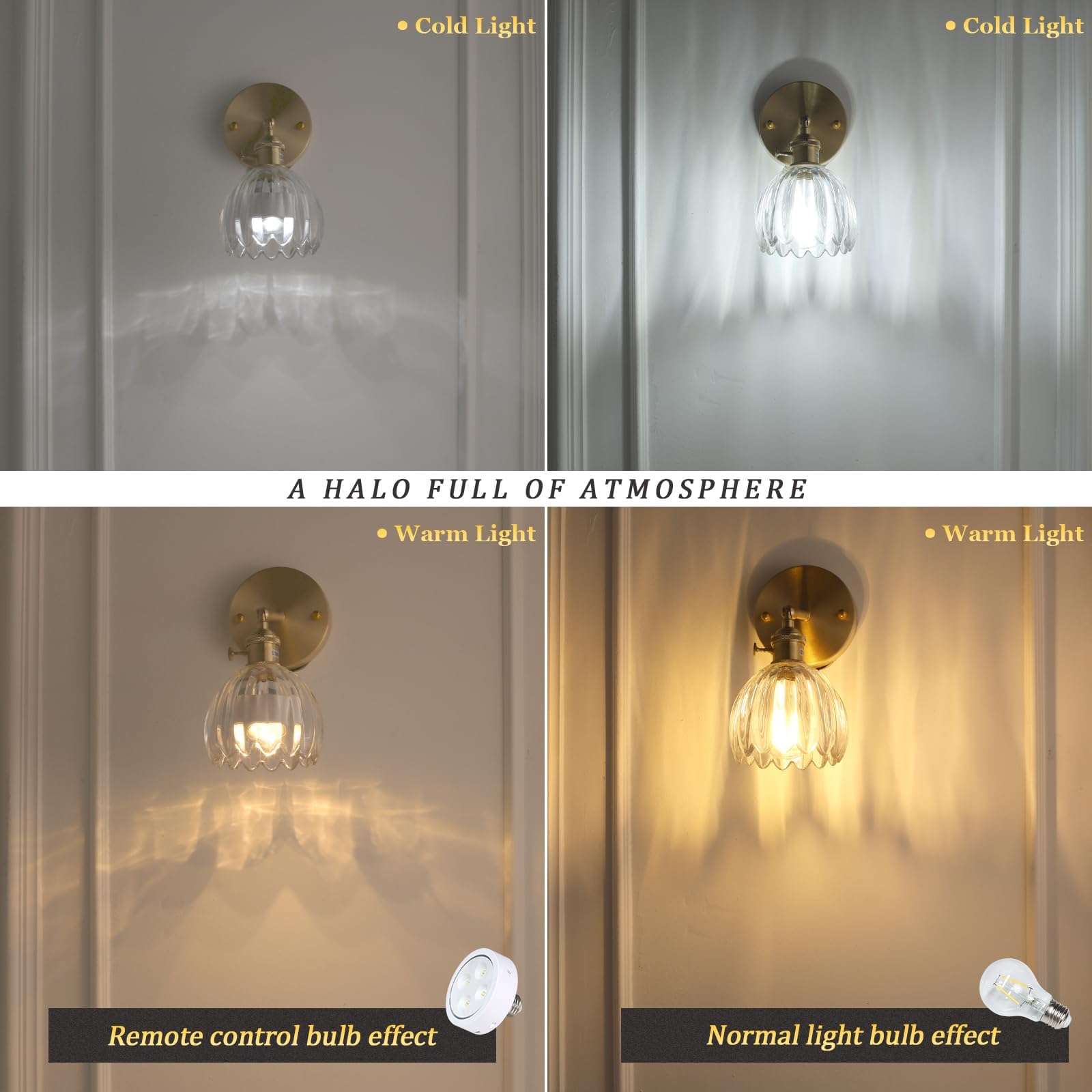 Shenmoyl Wall Sconces Set of 2, Brass, 180° Adjustable, Hardwired, Glass Tulip Lampshade, Model 1-9415