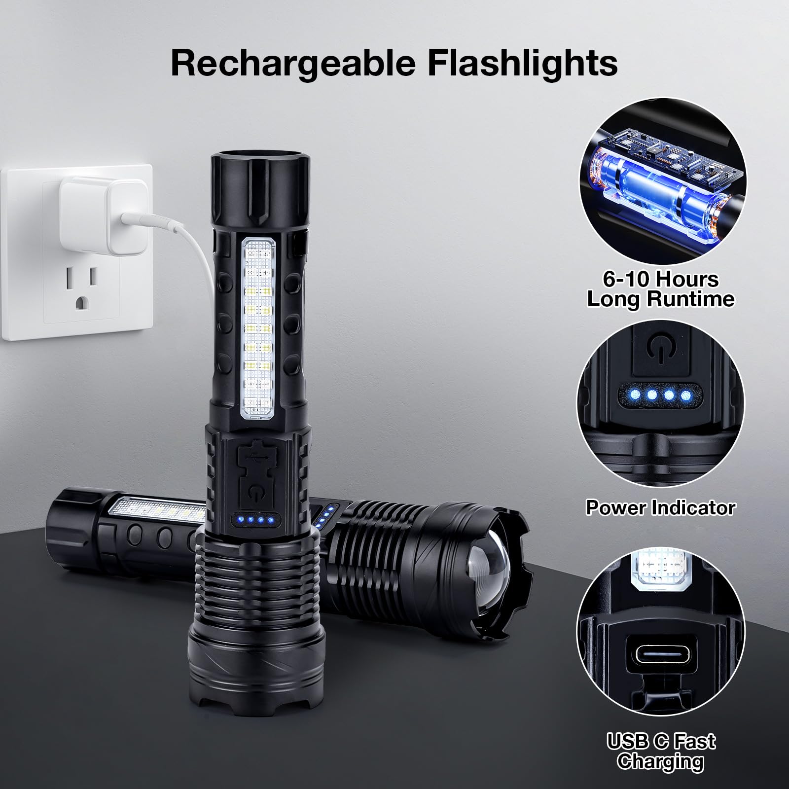 Peascat Flashlight High Lumens Rechargeable 2 Packs, 1,000,000 Lumens Super Bright Led Battery Powerful Handheld Flashlights Wit