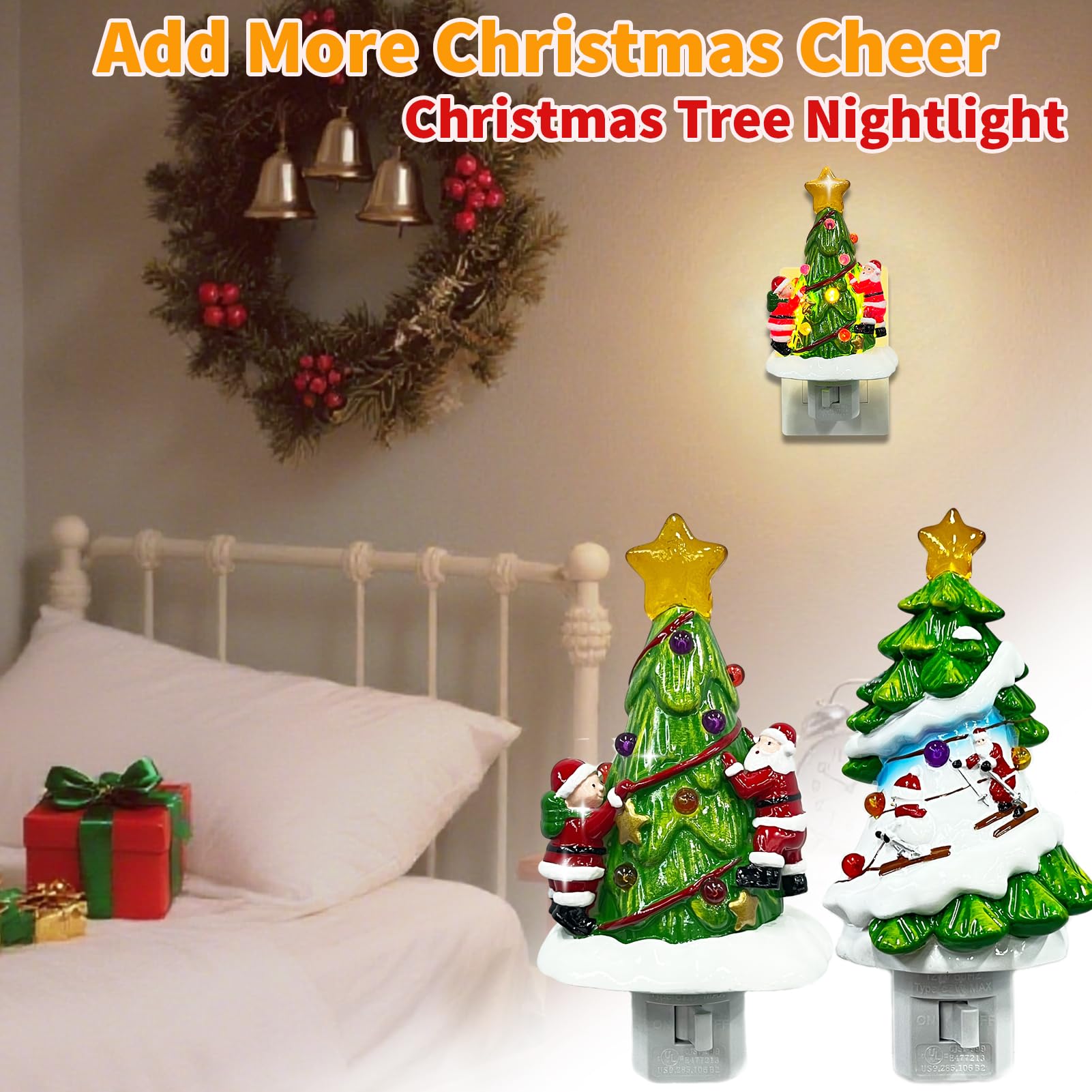 Consdemy Christmas Tree Night Light - Vintage Plug-in Lamp with Snowman & Santa - Green Red - Model CJSY-999