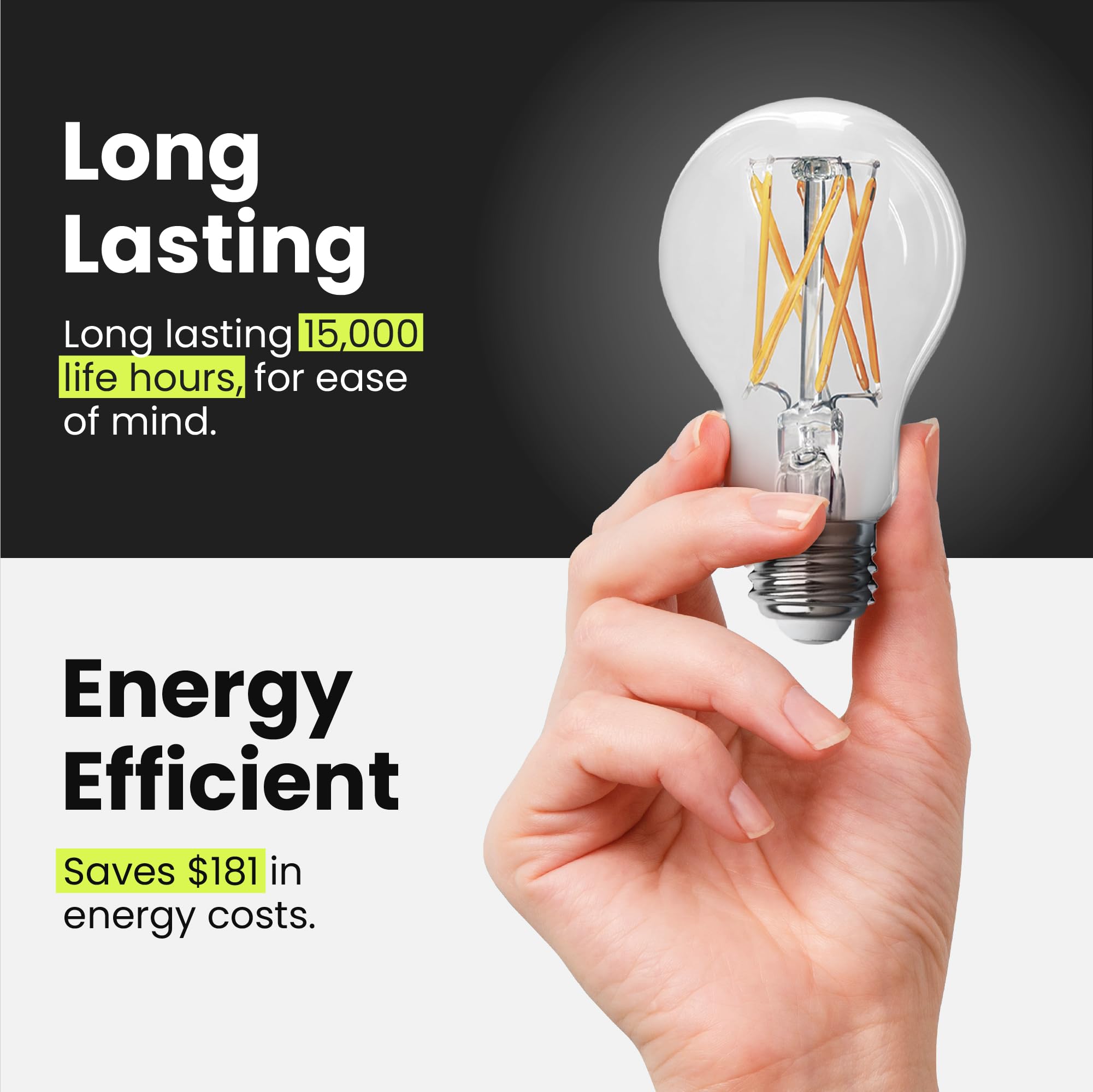 Feit Electric A19 Led Light Filament Bulb, 100W Equivalent, Dimmable, E26 Base, 5000K Daylight, Vintage Edison Clear Glass Light