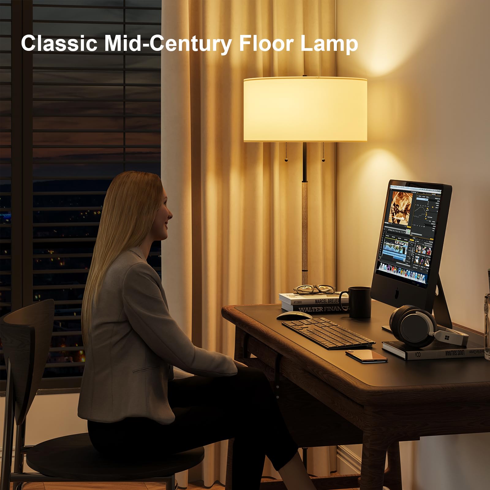 Karjoefar 2-Light Floor Lamp, Mid Century Floor Lamp With White Fabric Shade, Standing Lamp Tall Lamp For Living Room Bedroom, 3