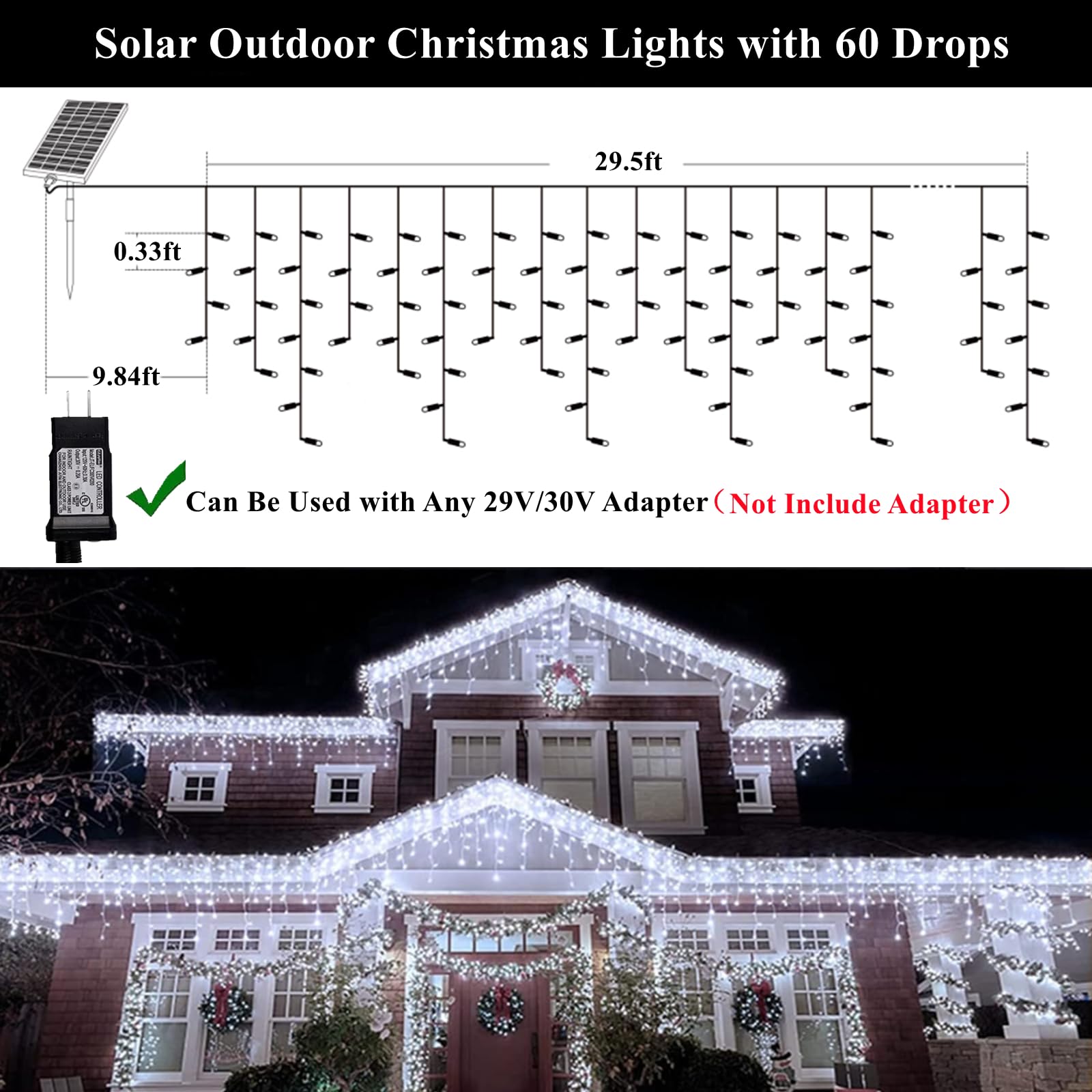 Kiflytooin Solar Christmas Lights Outdoor Waterproof Christmas Decorations Curtain Lights 320Led 29.5Ft 60 Drops, Solar Powered