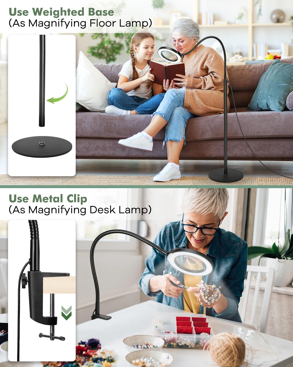 10X Magnifying Glass With Light And Stand, 3-In-1 Led 5 Color Modes Stepless Dimmable Magnifying Floor Lamp,24'' Flexible Goosen