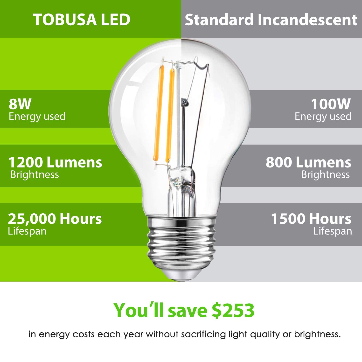 Tobusa Led Dimmable A19 Bulbs, 100W Equivalent, 2700K Warm White, 6-Pack Vintage