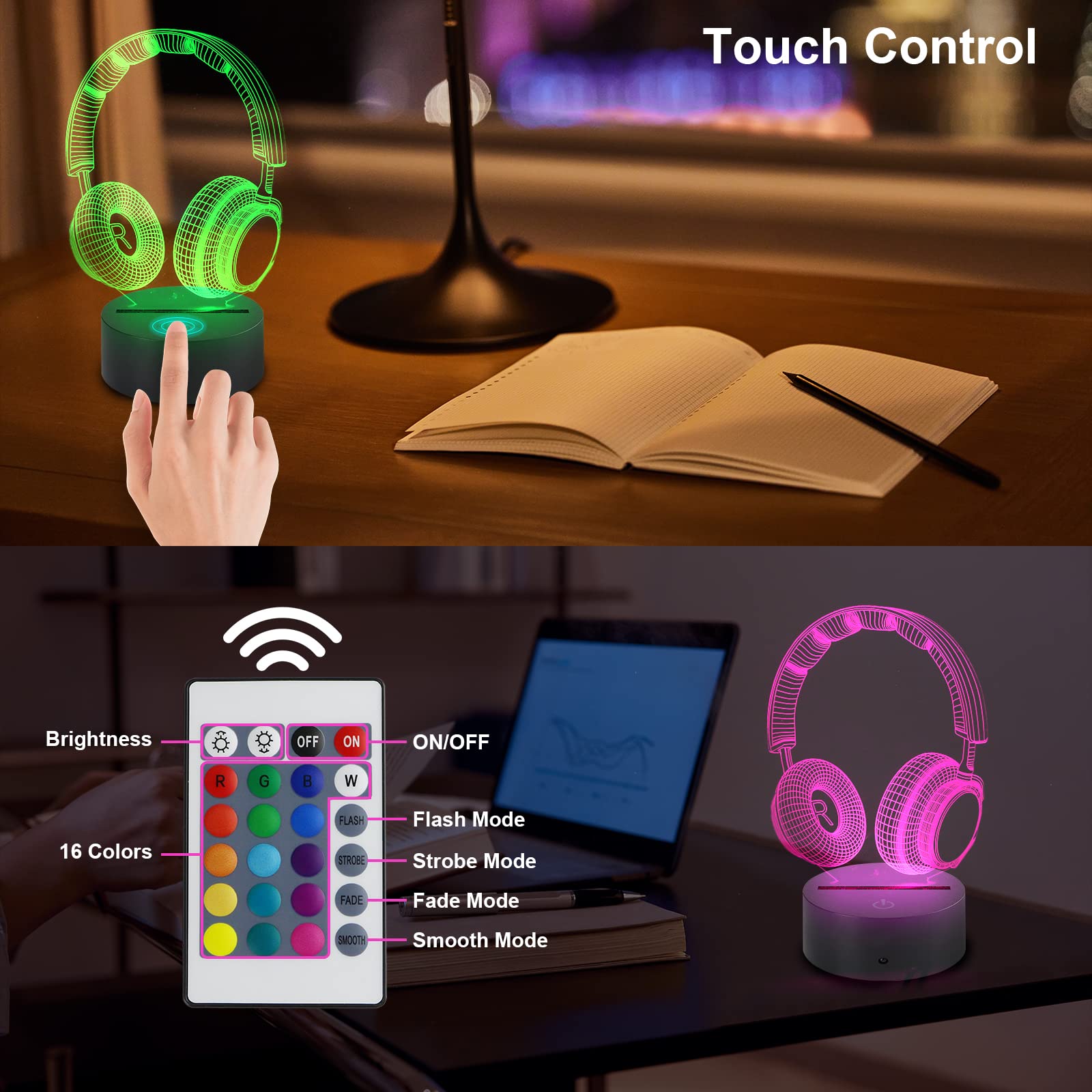 AZIMOM 3D Guitar Illusion Lamp Night Light, 16 Colors, Smart Touch Remote, Acrylic, Multicolor, Model 1, Home Decoration for Kids and mature-themeds