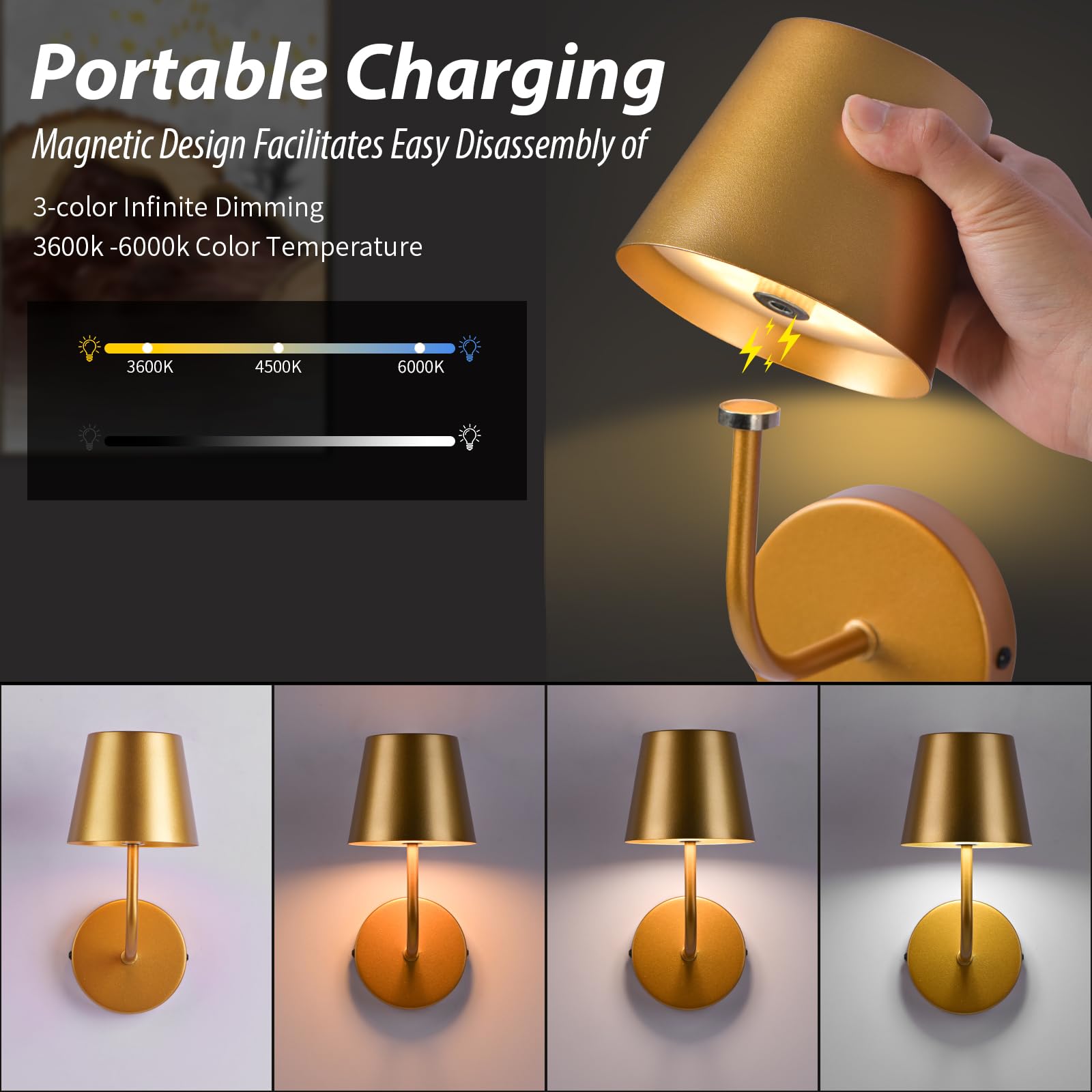 IMQSQIK LED Wall Lamp Set of 2, Rechargeable 5600mAh, Touch Control, Gold, Model RQ-14-2Pack