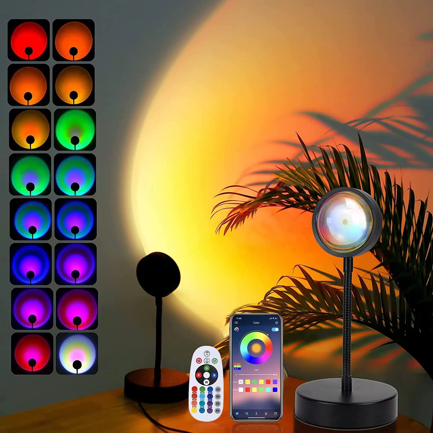 QUIGO Sunset Lamp Projector - RGB 360° Rotation Night Light, Aluminum, Countertop Size, Multi-Color, Model SUNLAMP-P