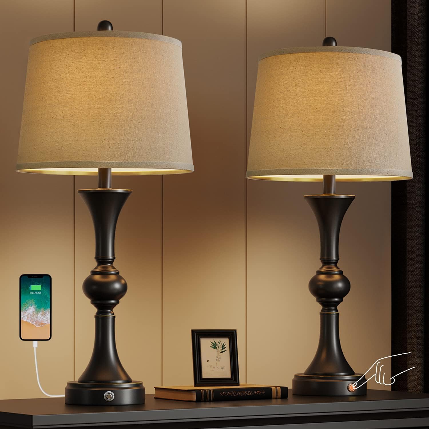 Oneach 28'' Table Lamps For Living Room Set Of 2, Bedside Lamps With 3 Way Dimmable Touch Lamps For Nightstand Bedroom Farmhouse