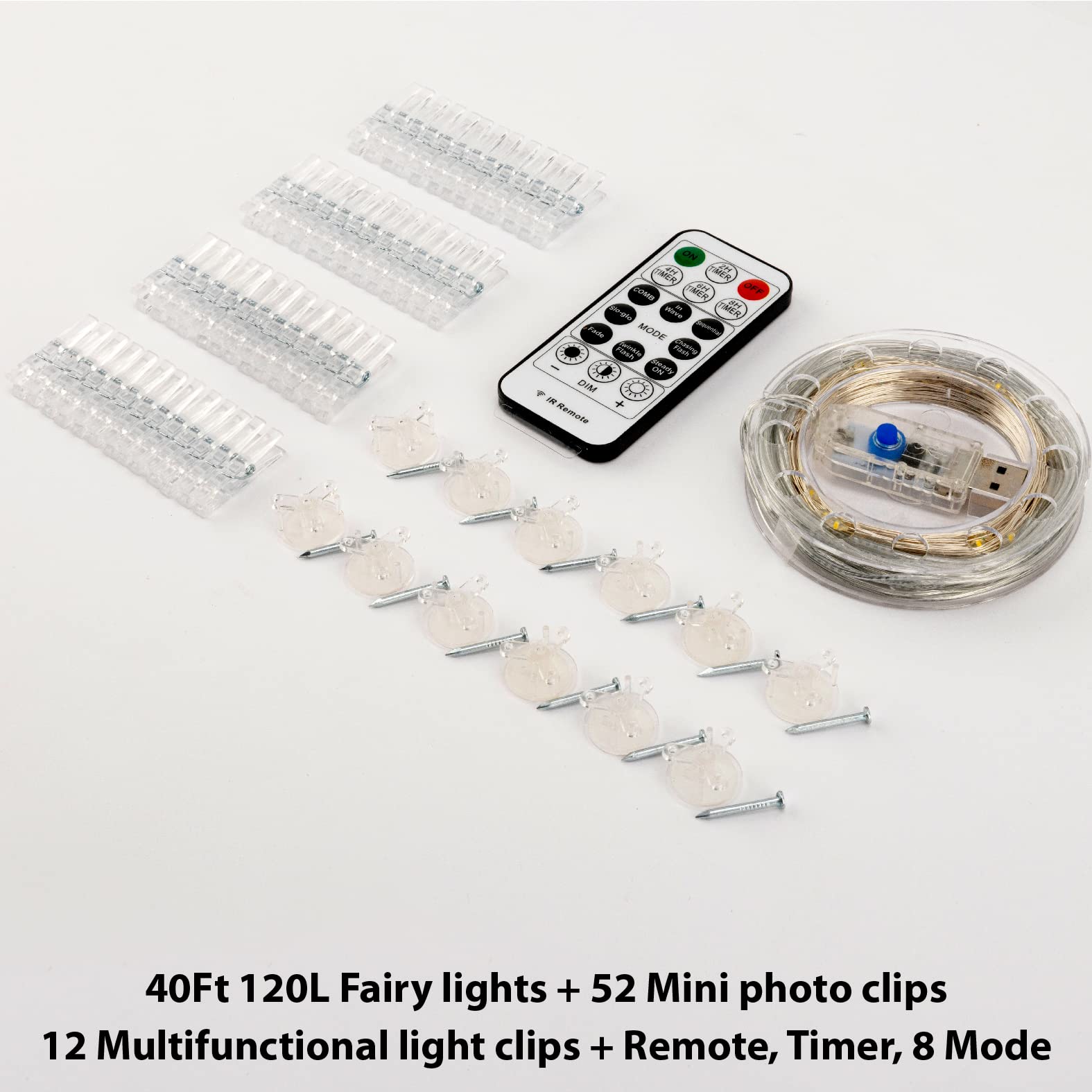 HXWEIYE Fairy String Light, 120LEDs Multicolor, 40Ft with 52 Clips & 12 Hooks, USB Powered, Model HY100150-120
