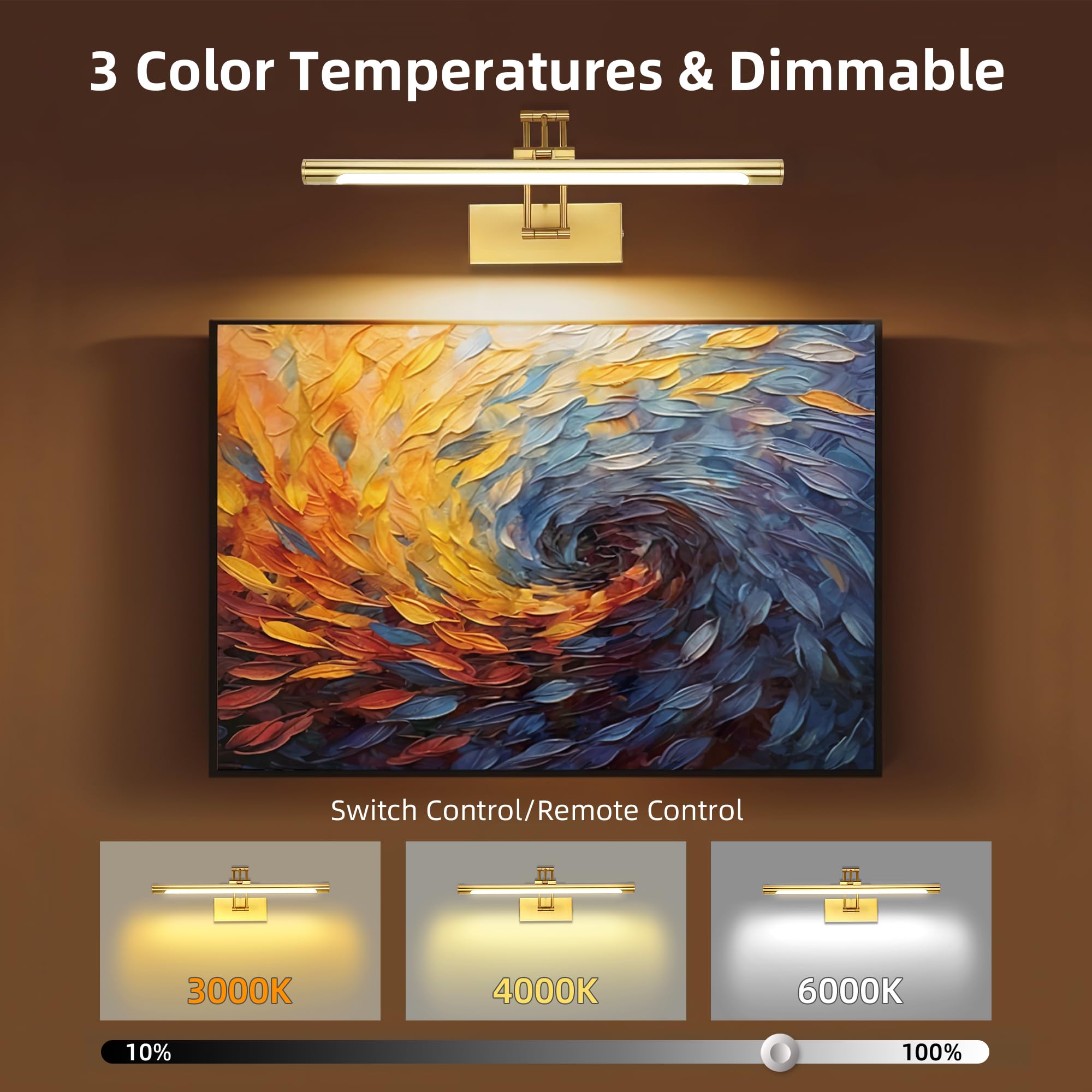 16 Picture Lights For Wall Battery Operated  Wireless Picture Light With Remote  Rechargeable Wall Light 3000K/4000K/6000K Dimmable  Art Lighting For discomfort-reducingtings Frame Gallery Dartboard Light  Brass