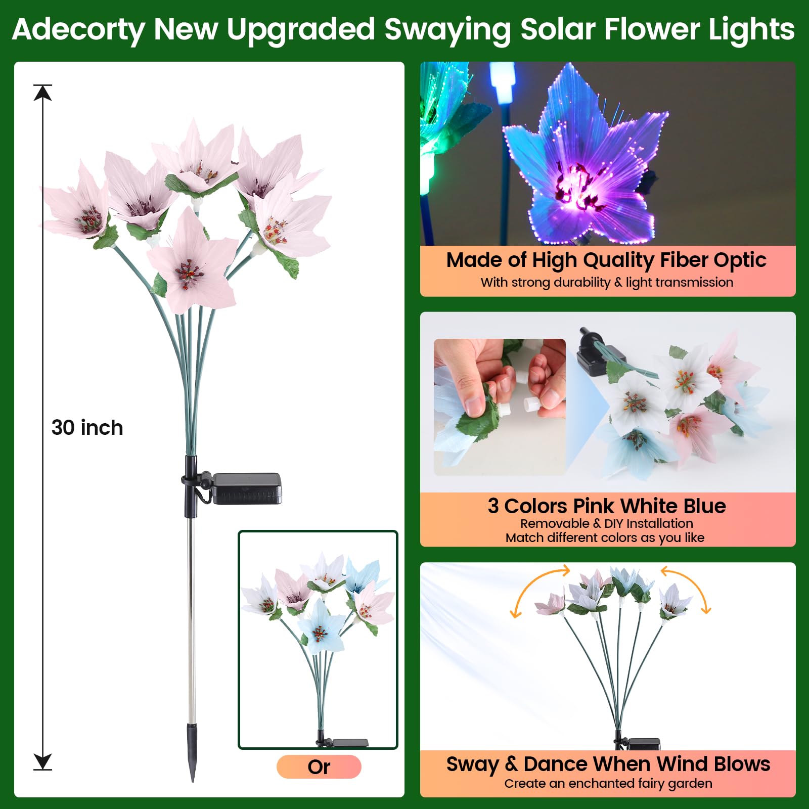 Adecorty Solar Garden Lights - Swaying Outdoor Decorative Waterproof 3 Pack With 7 Color Changing 18 Fiber Optic Flowers For Out