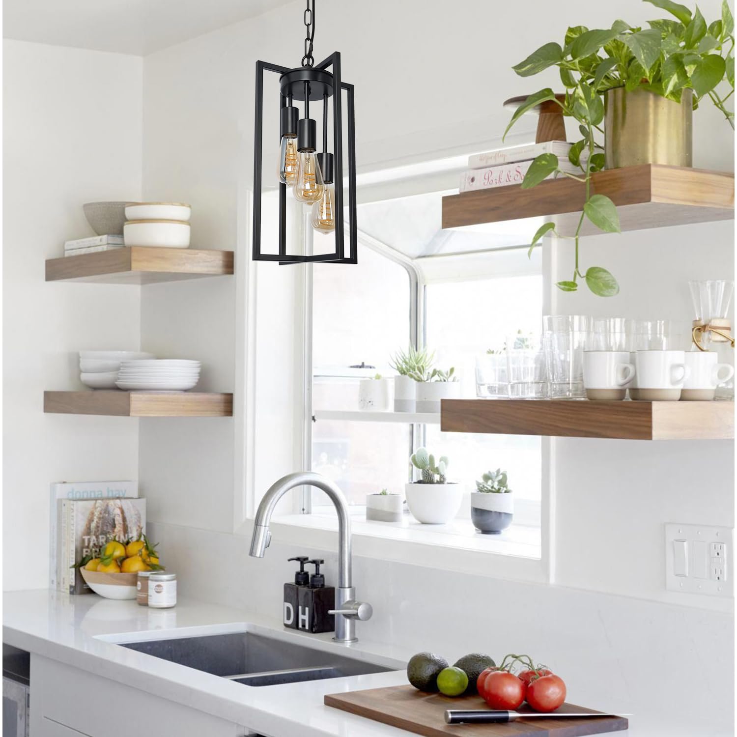 MIPAWS Modern Black Pendant Light Fixture, 3-Light Metal Cage Chandelier for Kitchen, Dining Room, Entryway