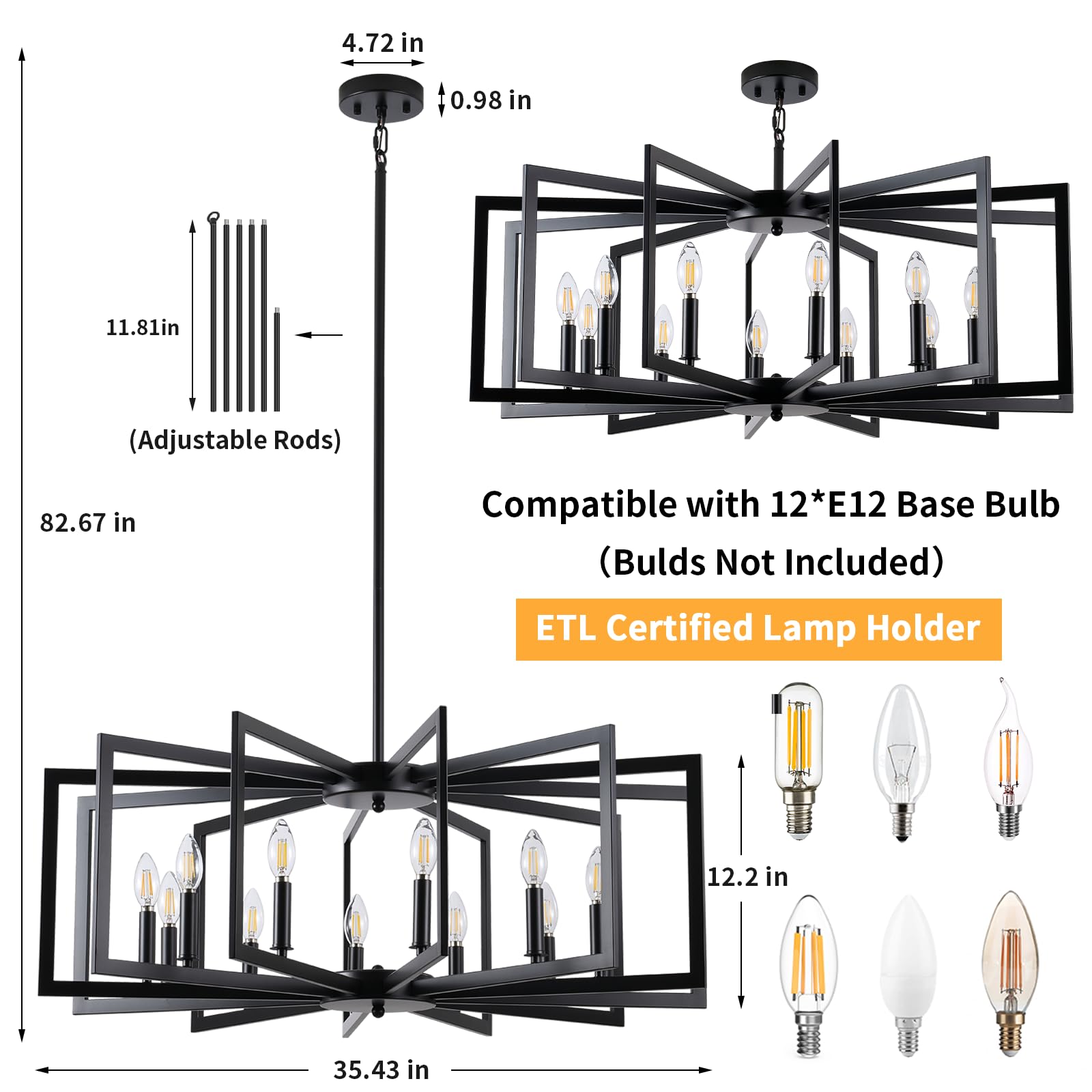 MIAYBPH Black Chandelier, 12-Light Modern Industrial Light Fixture for Dining Room, Living Room, Farmhouse, Model W-P9080-12
