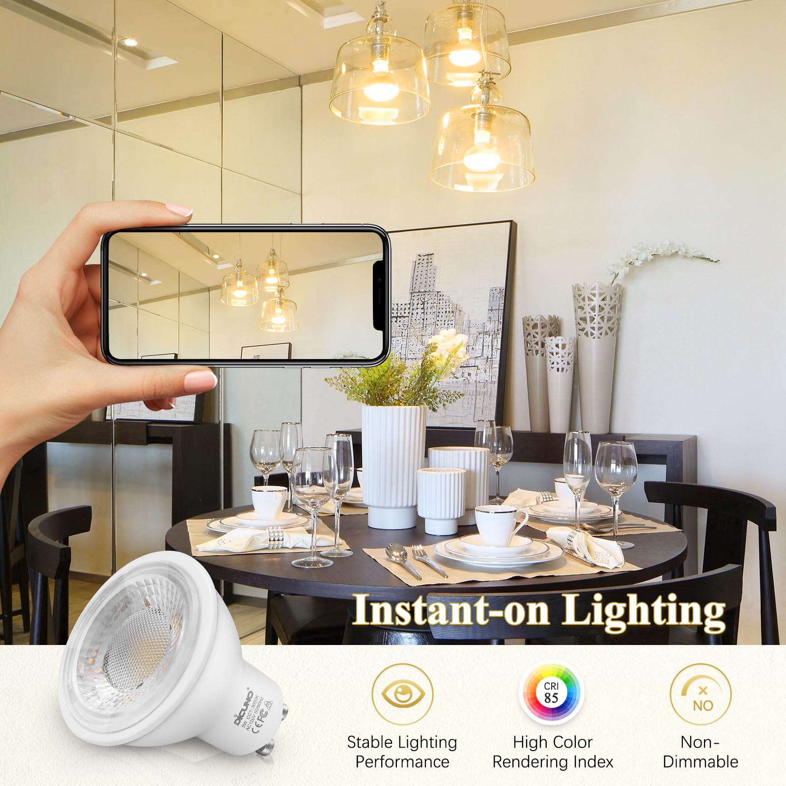 DiCUNO GU10 LED Bulbs 5W Warm White 3000K 500lm 45° Beam Angle 10-Pack MR16