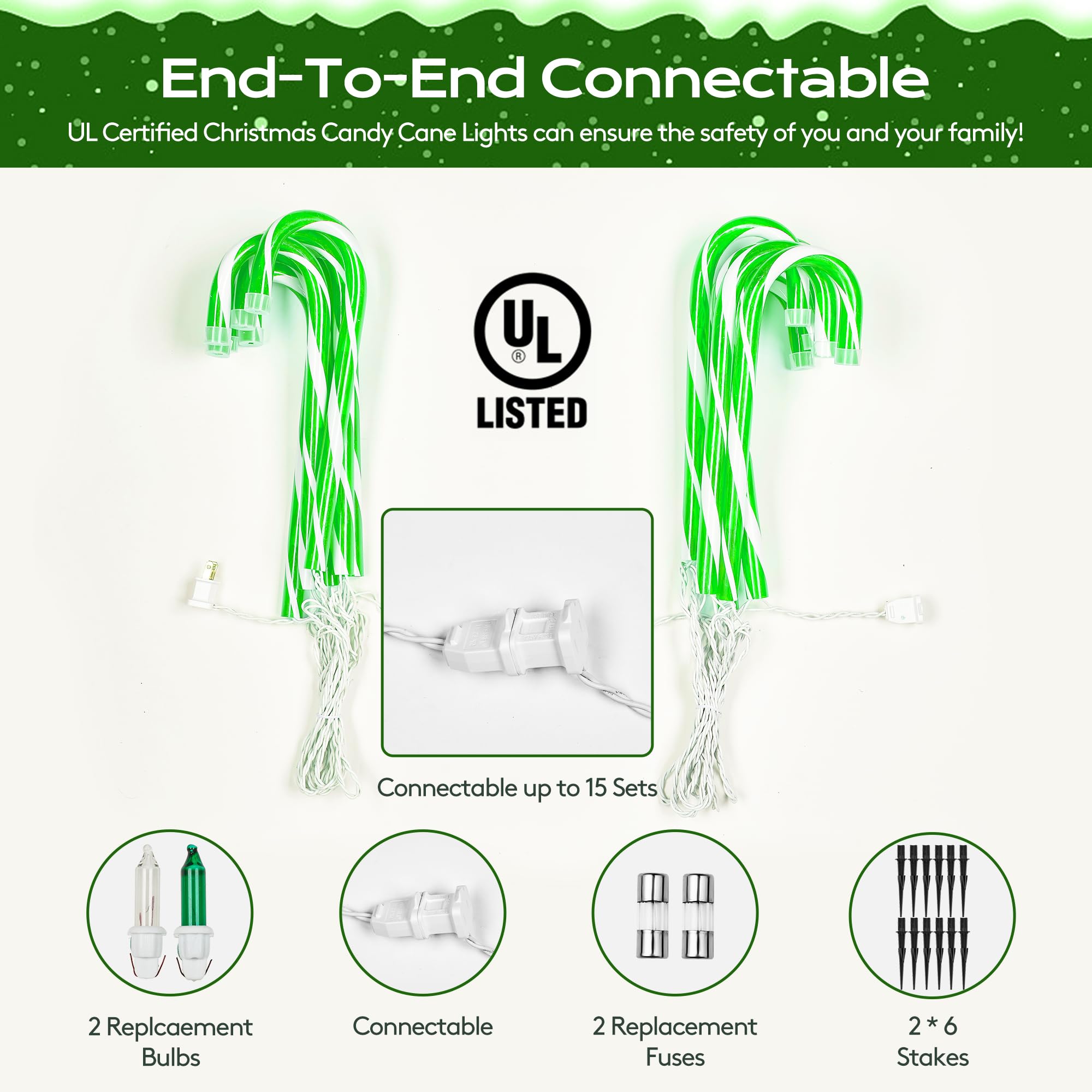 KiflyTooin Christmas Candy Cane Lights - 12 Pcs Green Connectable Pathway Lights, 72 Count Incandescent for Indoor/Outdoor Decor