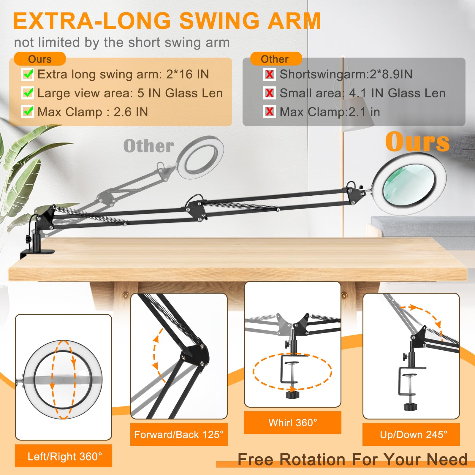 Tomsoo 10X Magnifying Glass With Light, Dimmable Led Desk Lamp, Hands-Free Clamp, Black