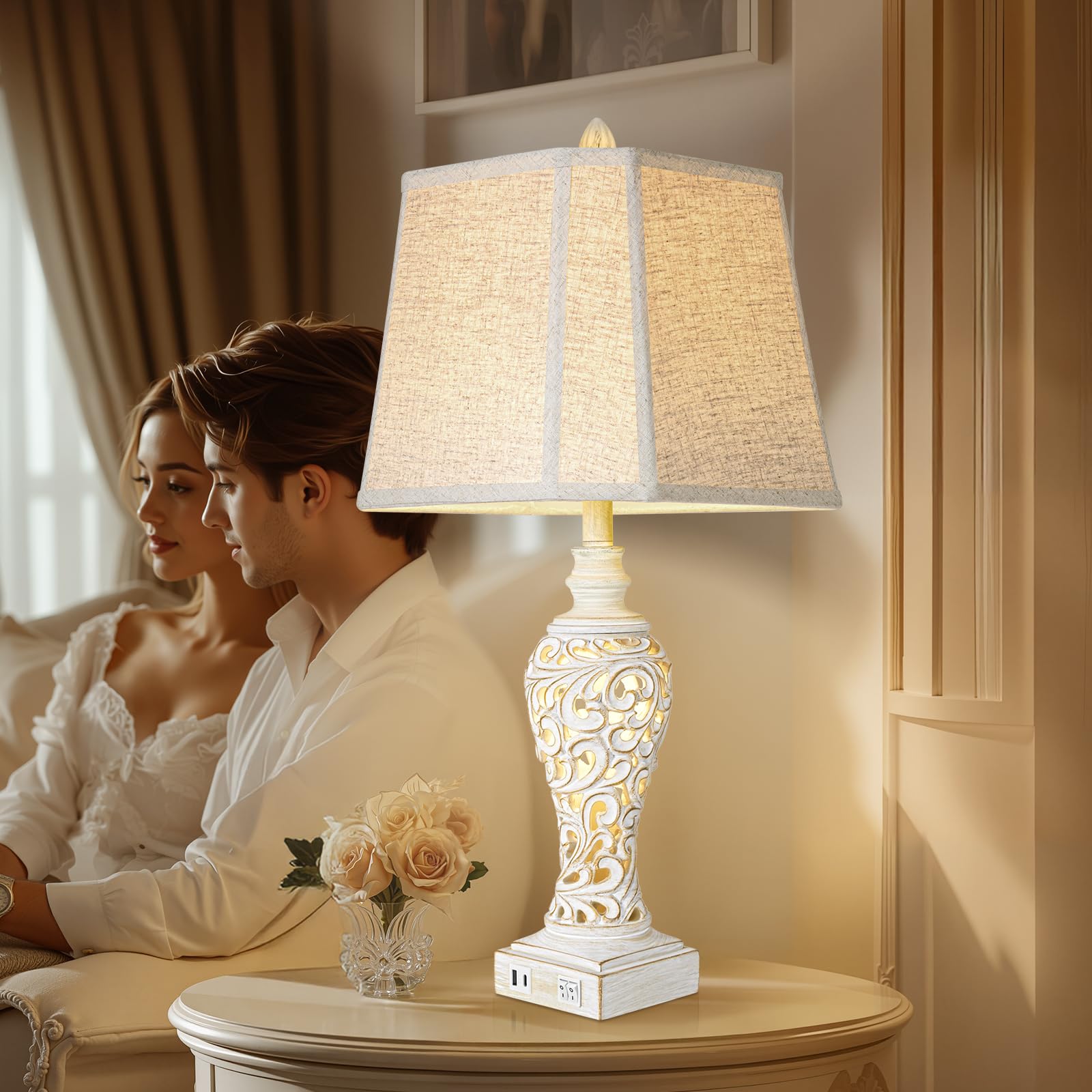 Vintage Table Lamps Set Of 2, 28.5'' High Bedside Lamps With Fabric Shade, Farmhouse Nightstand Lamps With Usb A+C Ports And Nig