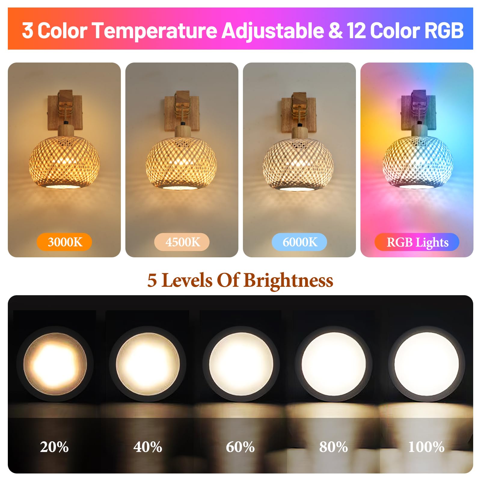 NOVCAND Battery Operated Wall Sconce Set of Two, Bamboo, RGB 15 Colors Dimmable, Black, Model TW20240809-INTELLIGENT