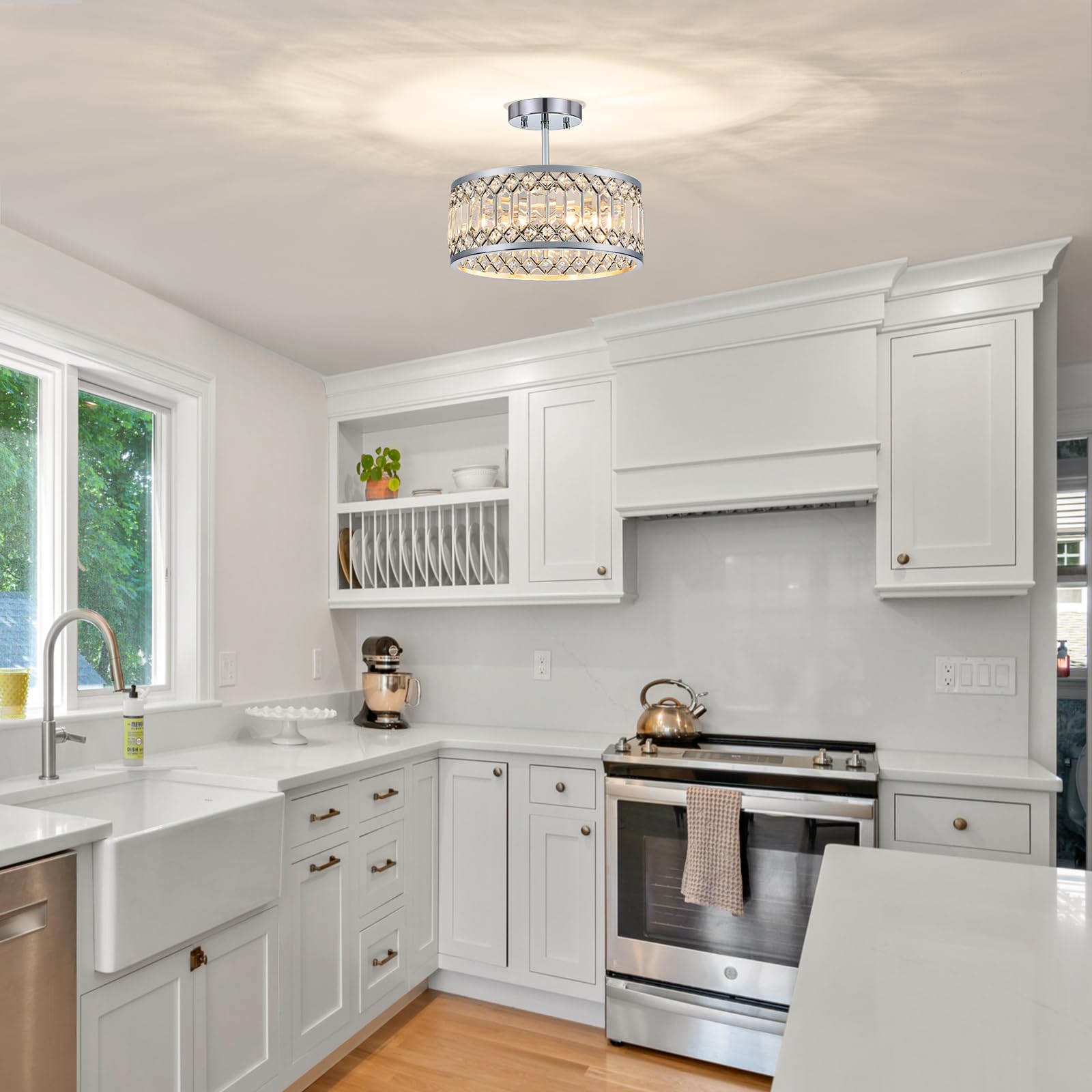 Yurnyq Crystal Ceiling Light Fixture, Modern Semi Flush Mount Ceiling Light, Chrome Lighting Ceiling Chandelier For Kitchen, Bed