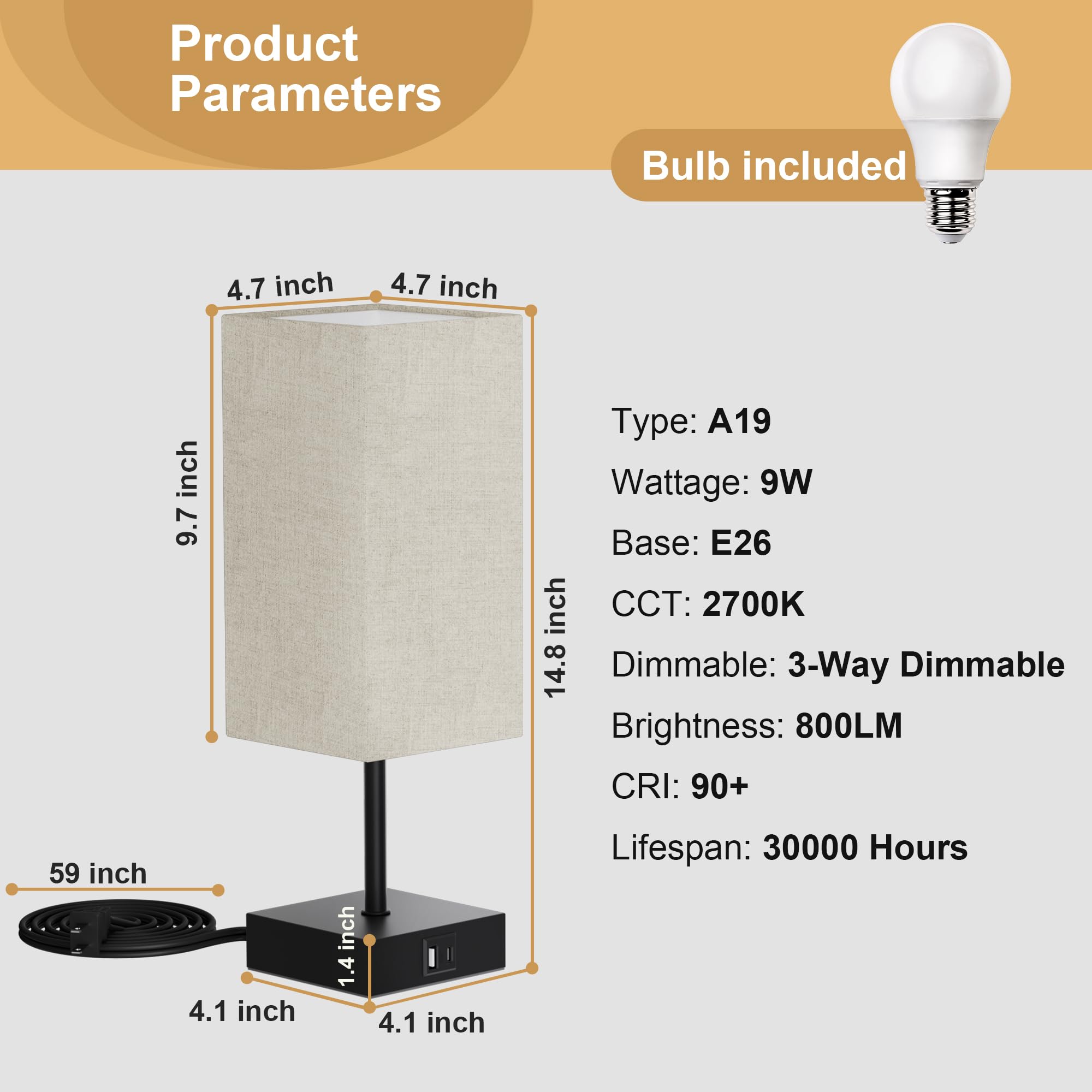 Sailstar Bedside Lamps, Table Lamp With Usb C+A Charging Ports, 3 Way Dimmable Touch Control, Small Nightstand Lamps For Bedroom