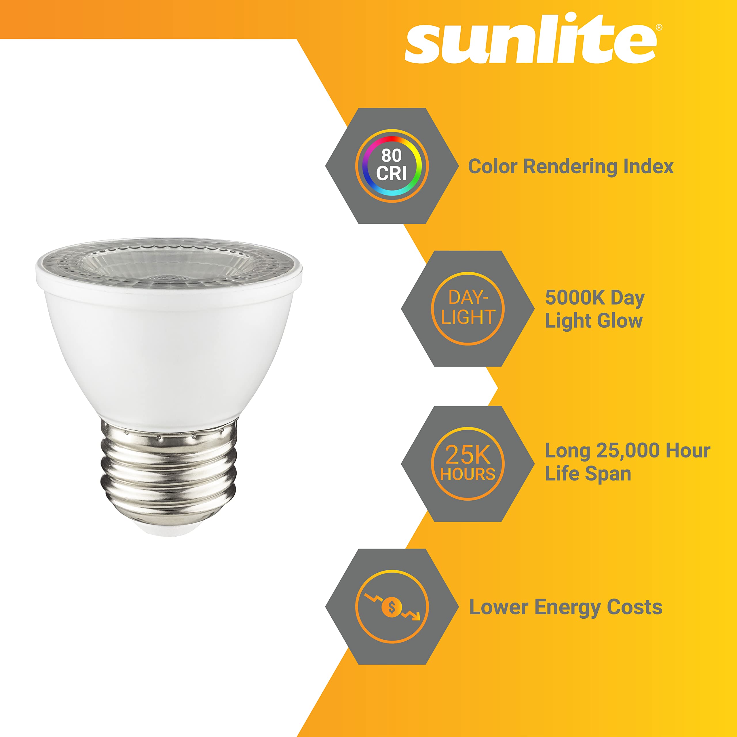 Sunlite LED PAR16 Short Neck Spotlight Bulb, 7W (60W Halogen Replacement), 550 Lumens, Dimmable, 3000K Warm White, 6 Count