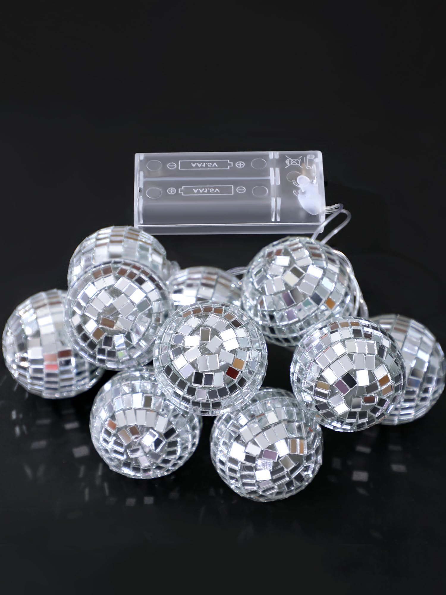 Bbto 10 Pcs Led Disco Ball String Light Battery Powered Mirror Ball Ornaments 70S 80S 90S Disco Party Supplies(Silver White,1.57