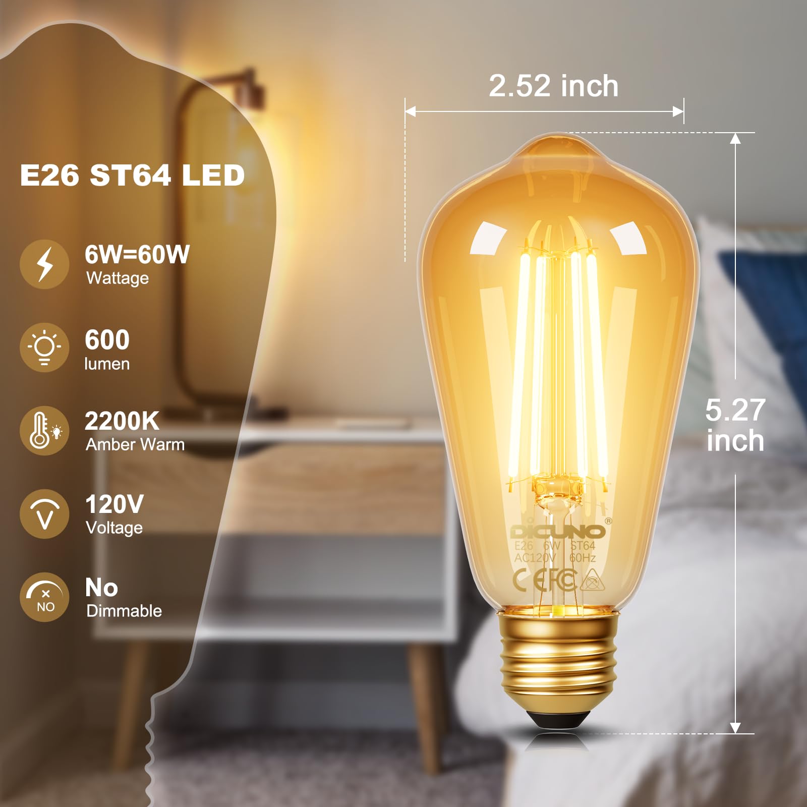 DiCUNO E26 Edison Bulbs 6W LED ST64 Amber Glass 2200K Warm 600LM Pack of 10