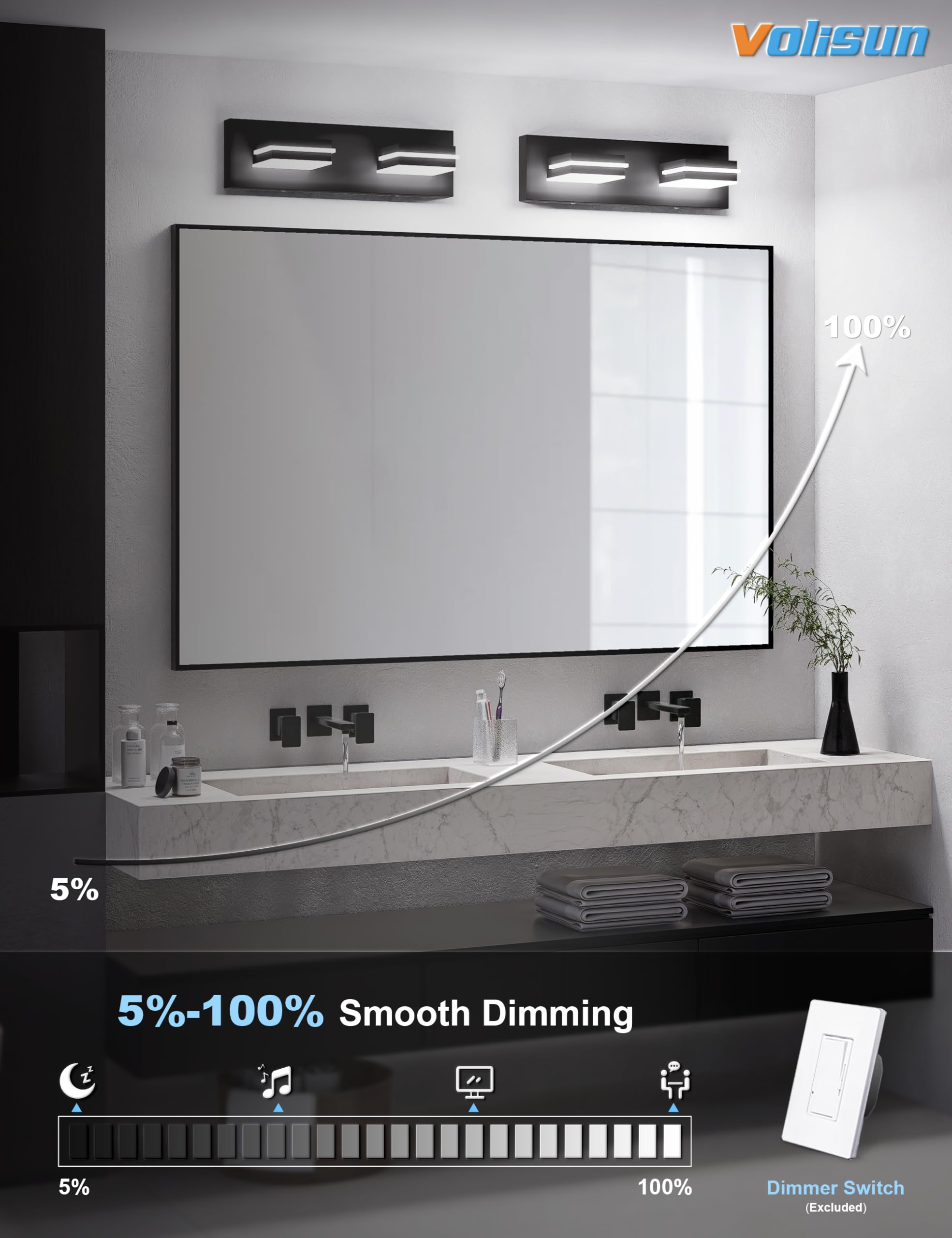 Volisun Modern Bathroom Vanity Light Fixtures (2-Light, 15.5-Inch), 5Cct Dimmable Bathroom Lighting Fixtures Over Mirror, 360Rot